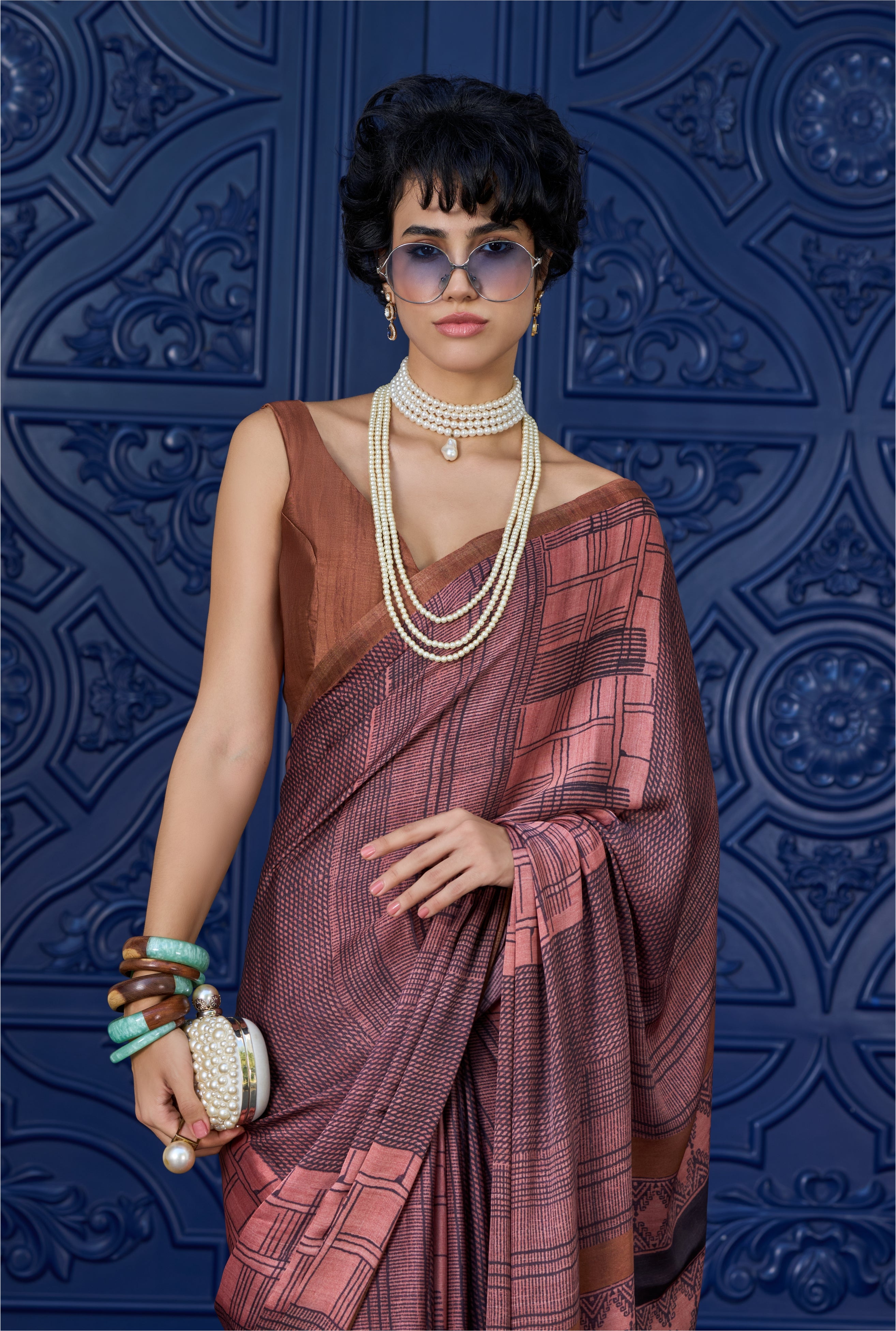 Sheen Geometric Copper Brown Saree