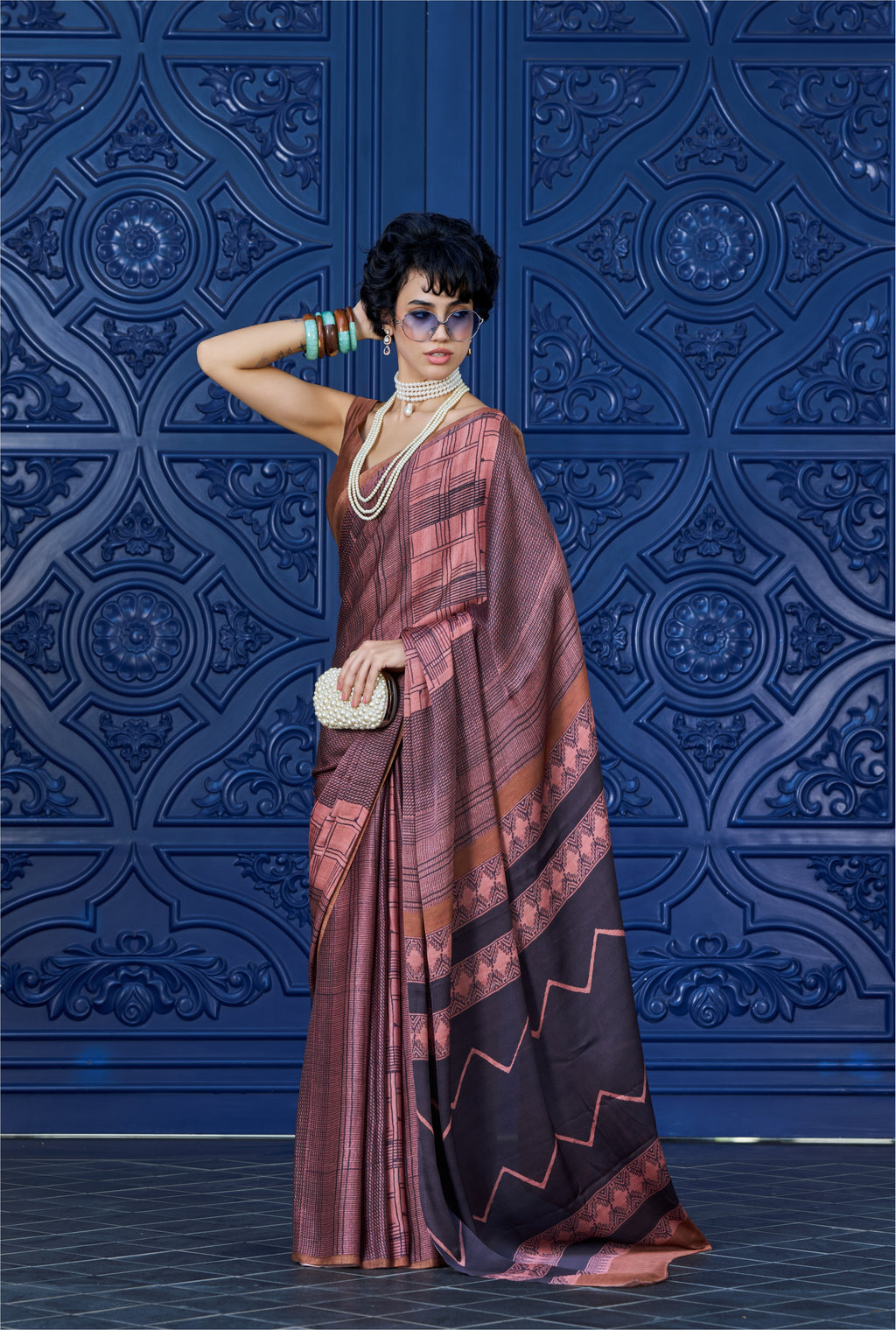 Sheen Geometric Copper Brown Saree