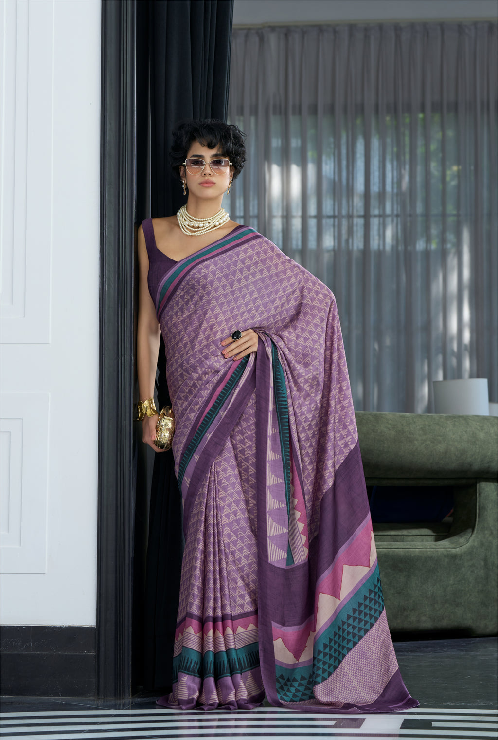 Sheen Geometric Dusty Mauve Saree
