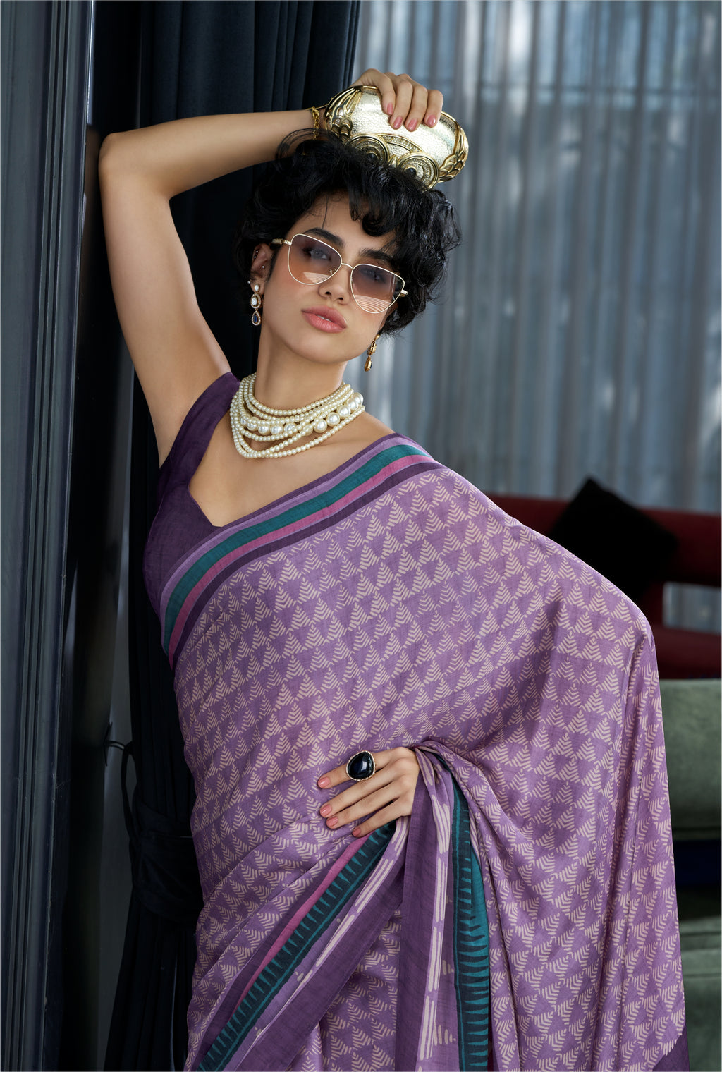 Sheen Geometric Dusty Mauve Saree