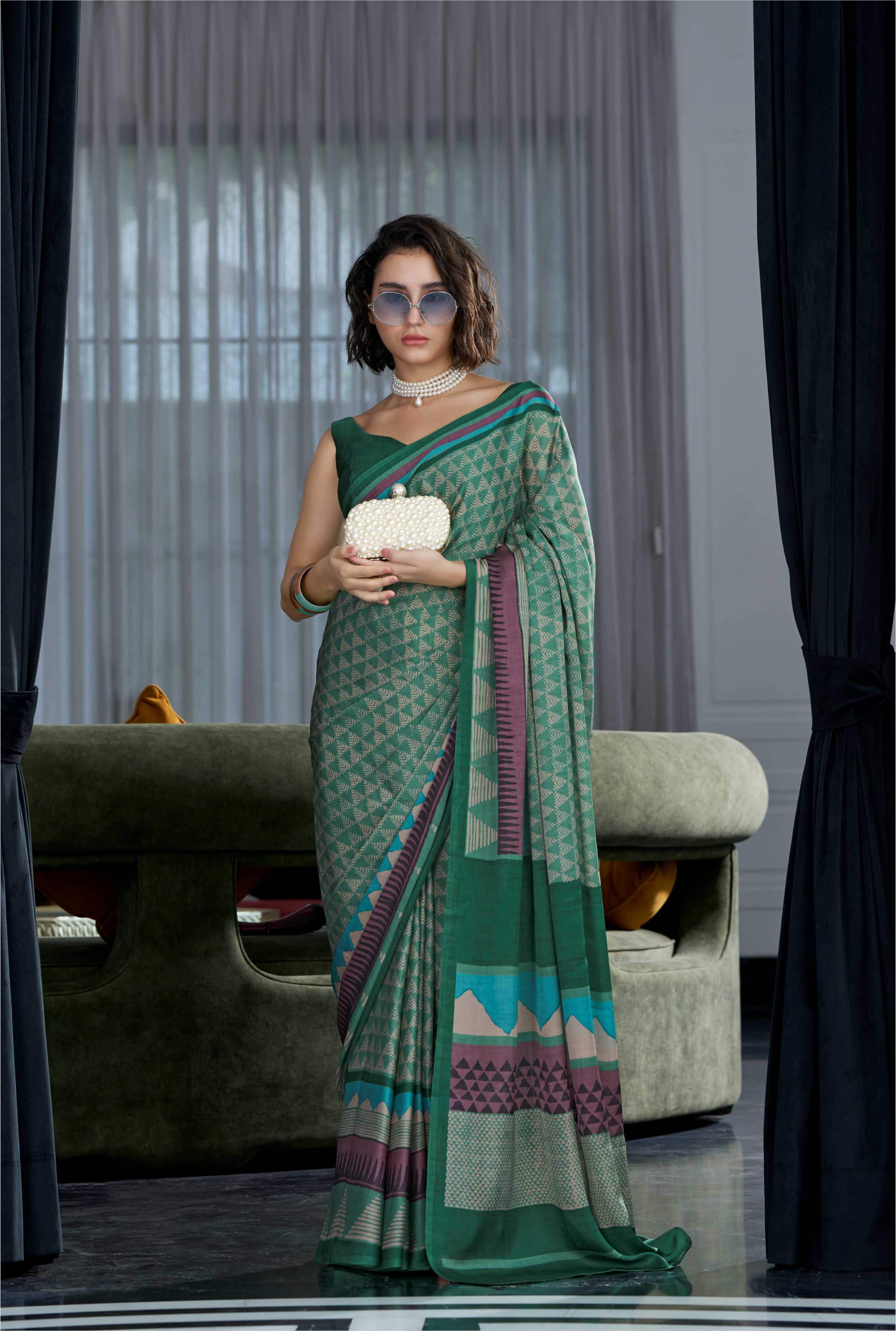 Sheen Geometric Olive Green Saree