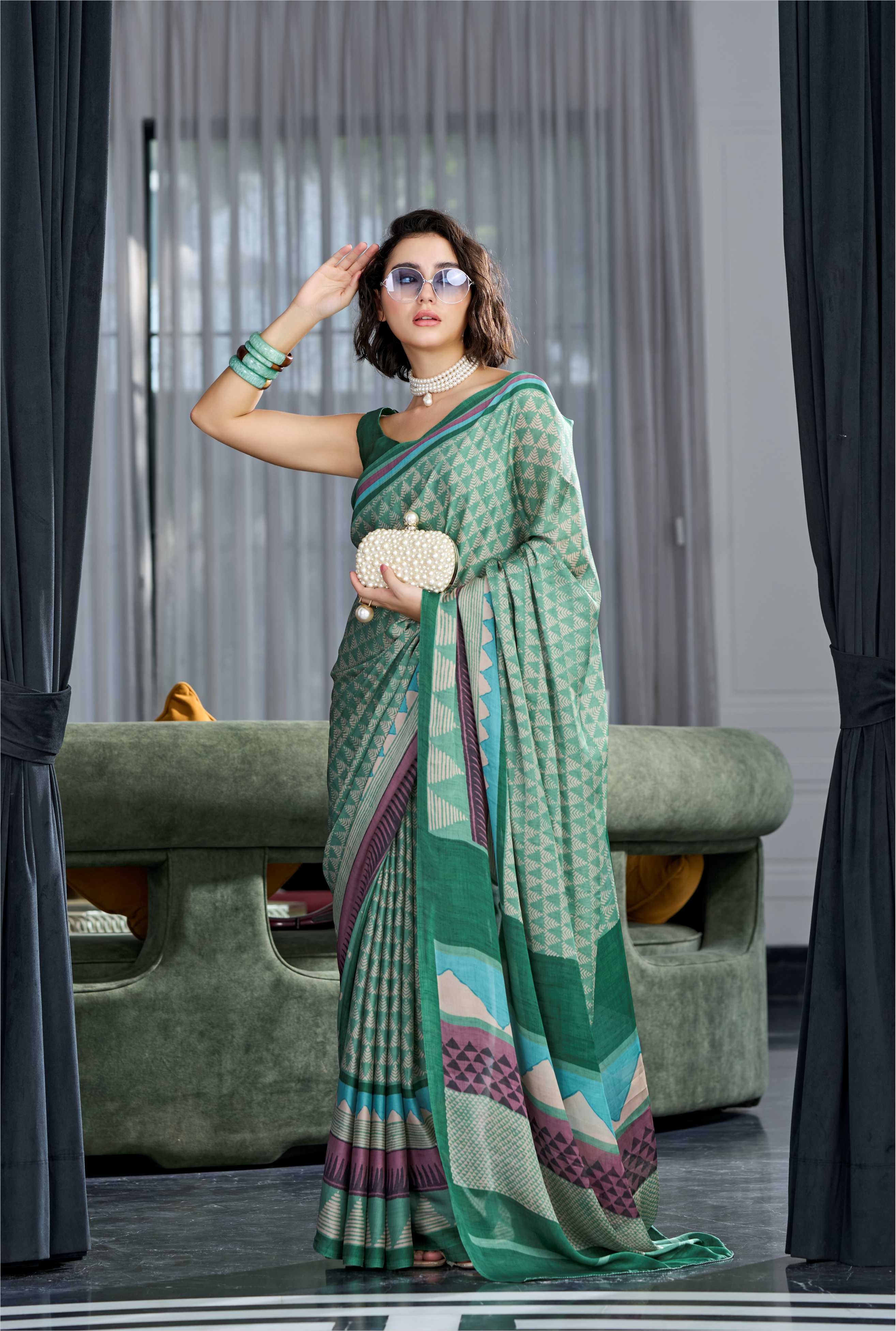 Sheen Geometric Olive Green Saree