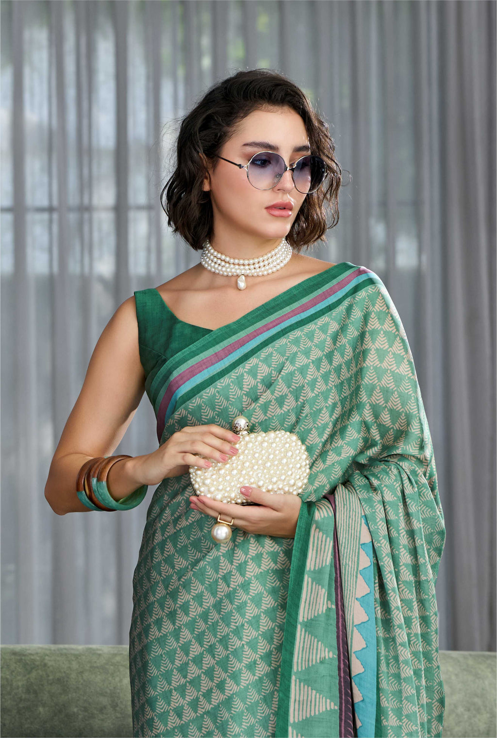 Sheen Geometric Olive Green Saree