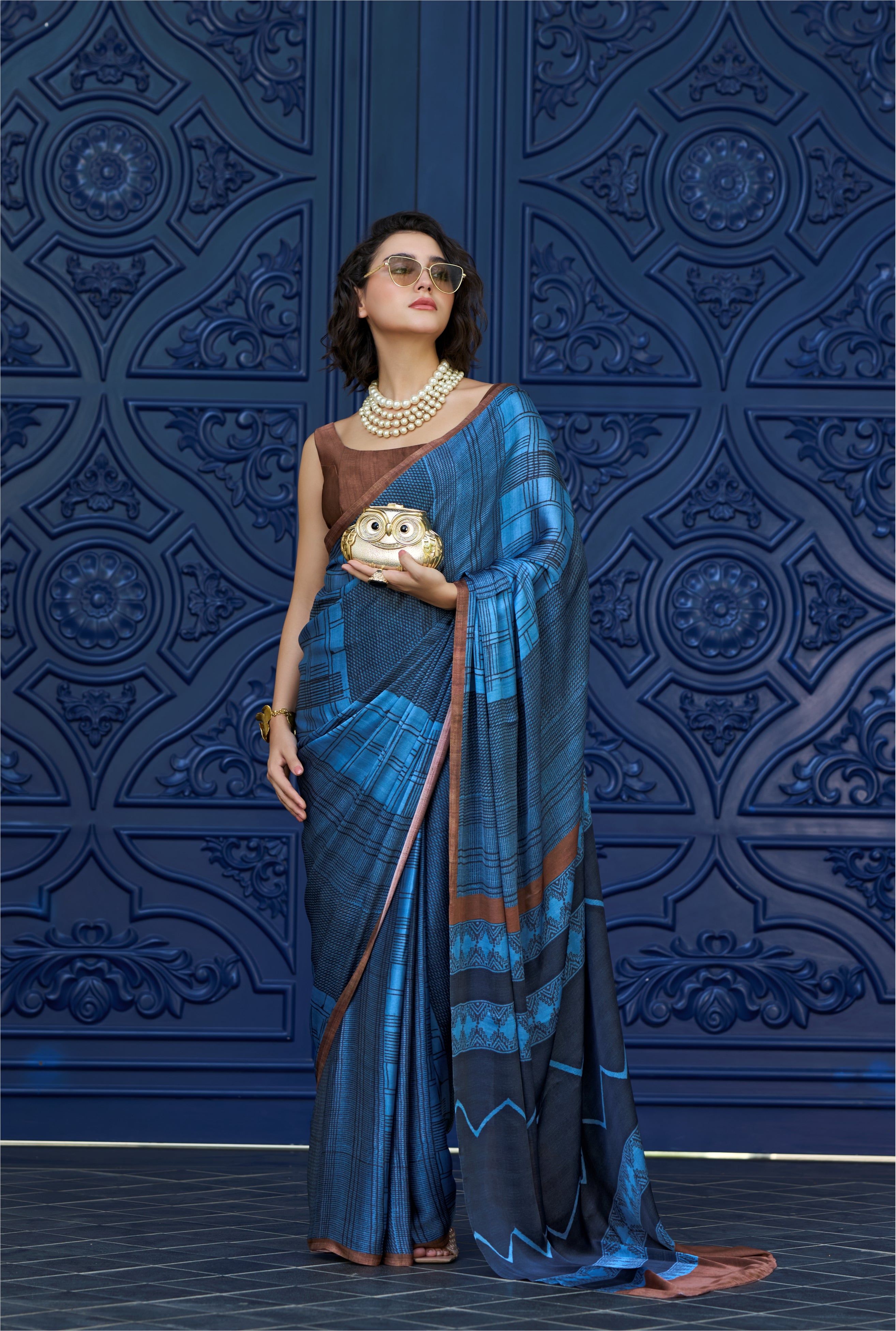 Sheen Geometric Steel Blue Saree