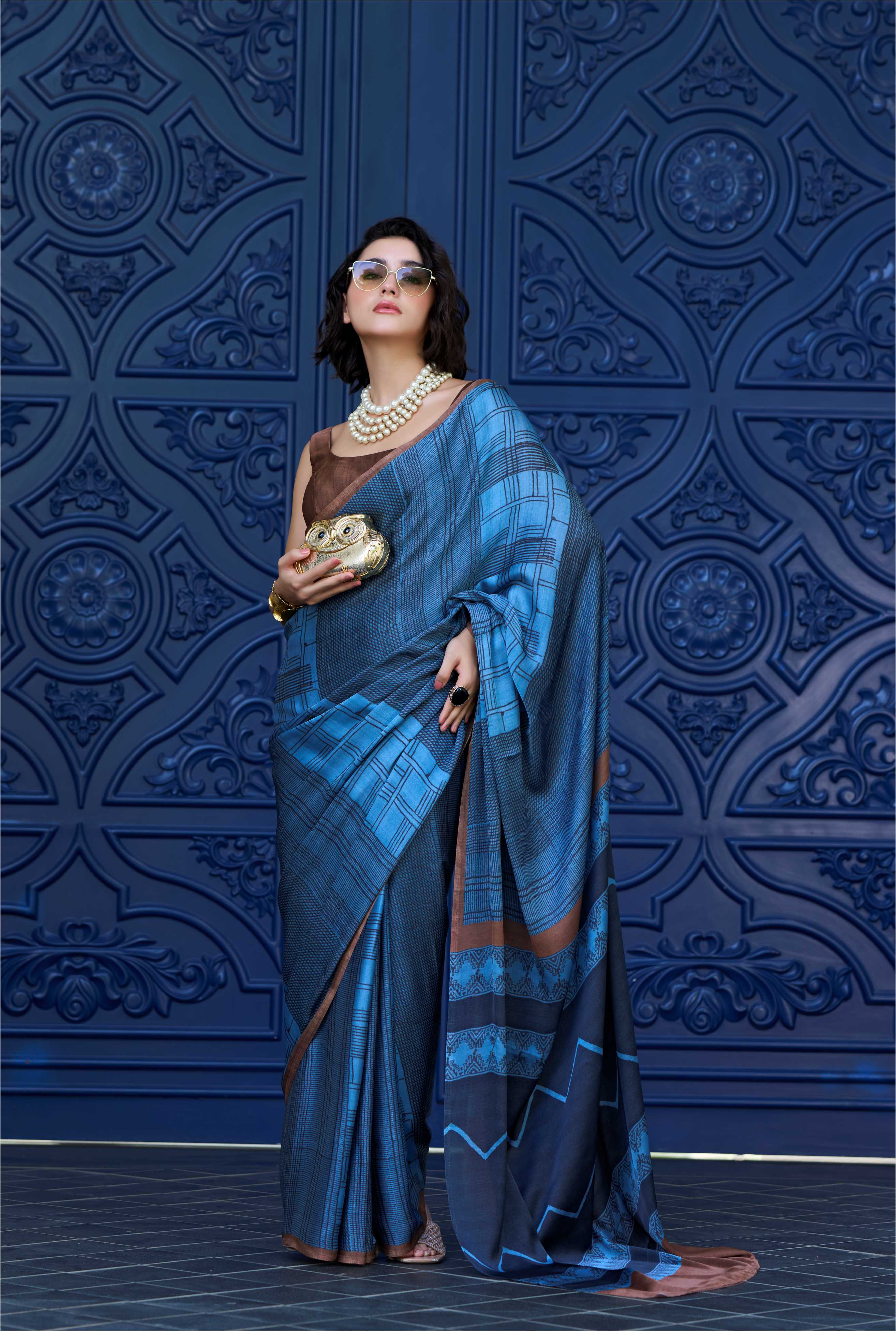 Sheen Geometric Steel Blue Saree