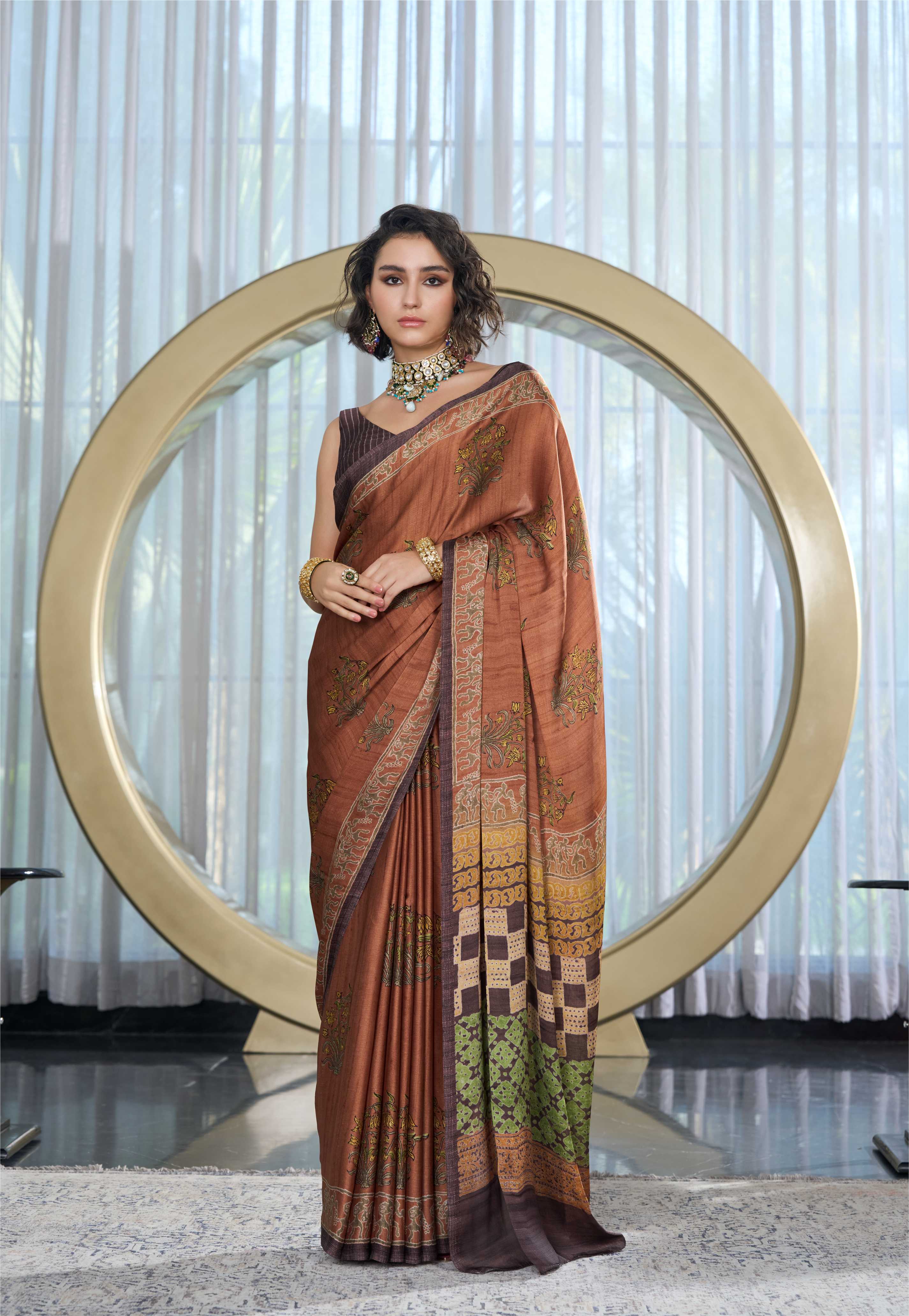 Sheen Mughal Motif Caramel Brown Saree