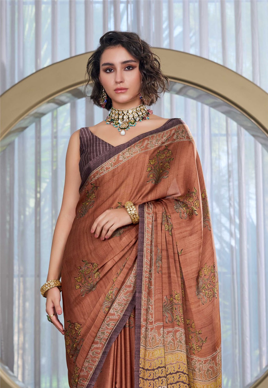 Sheen Mughal Motif Caramel Brown Saree