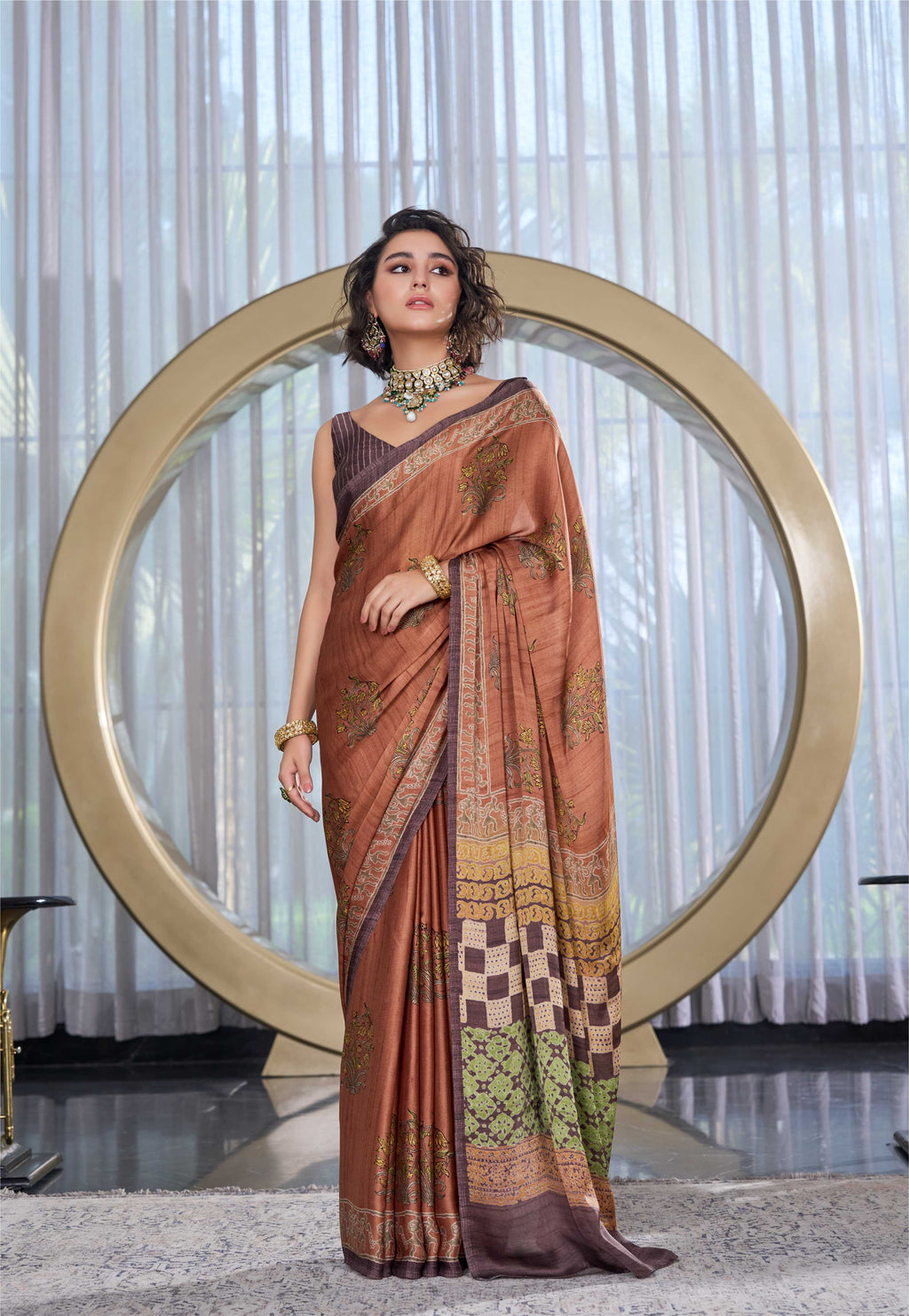 Sheen Mughal Motif Caramel Brown Saree