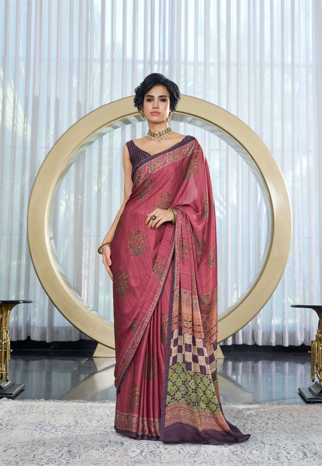Modal Silk Mughal Motif Dusty Rose Saree