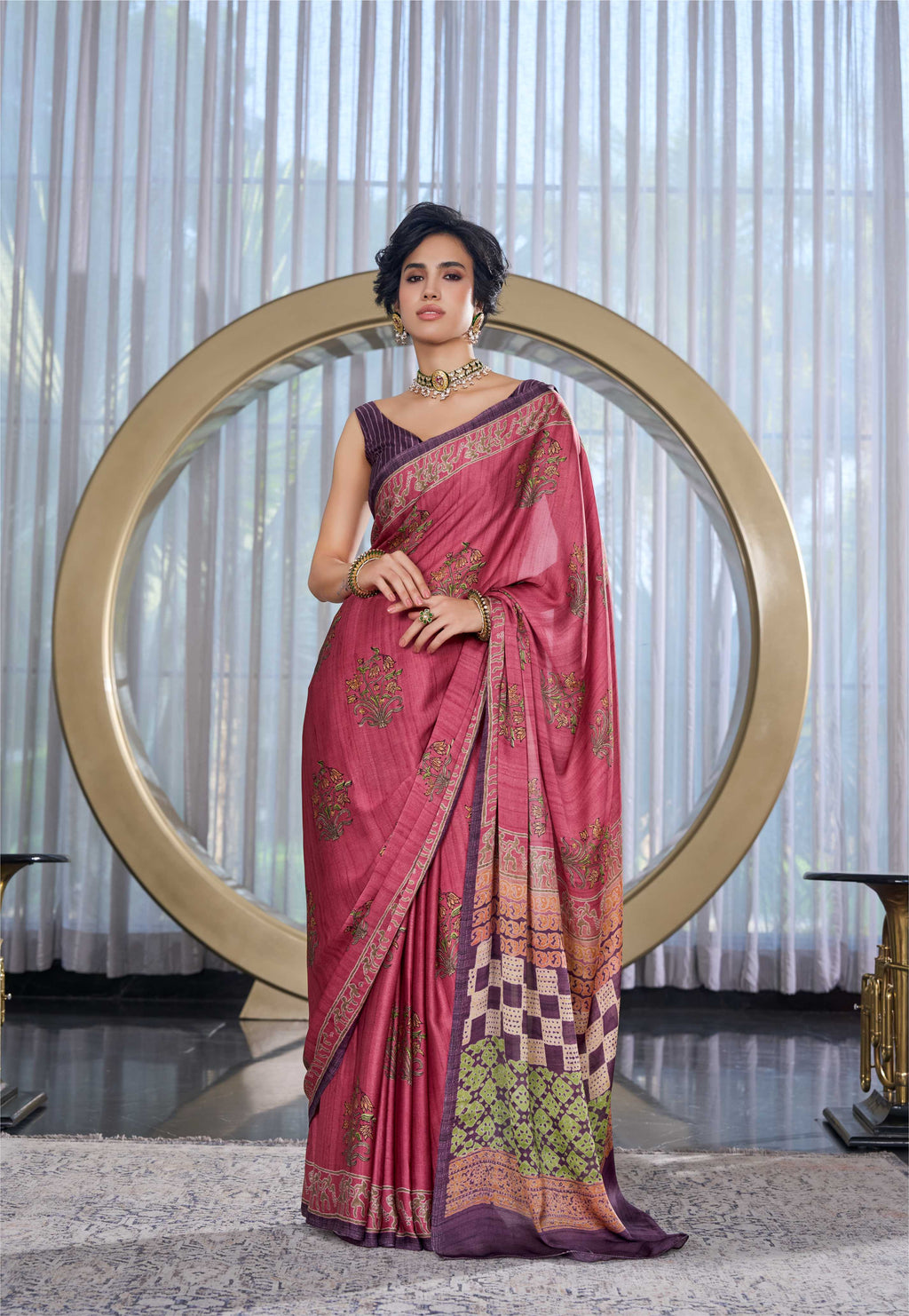 Modal Silk Mughal Motif Dusty Rose Saree