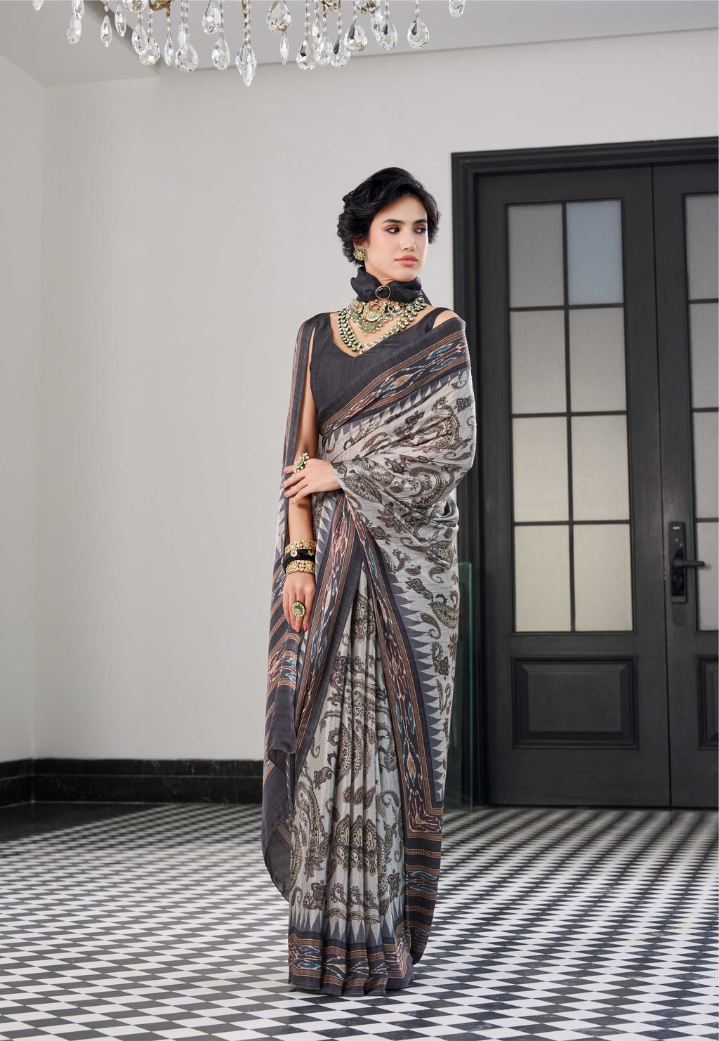 Modal Silk Paisley Charcoal Olive Saree