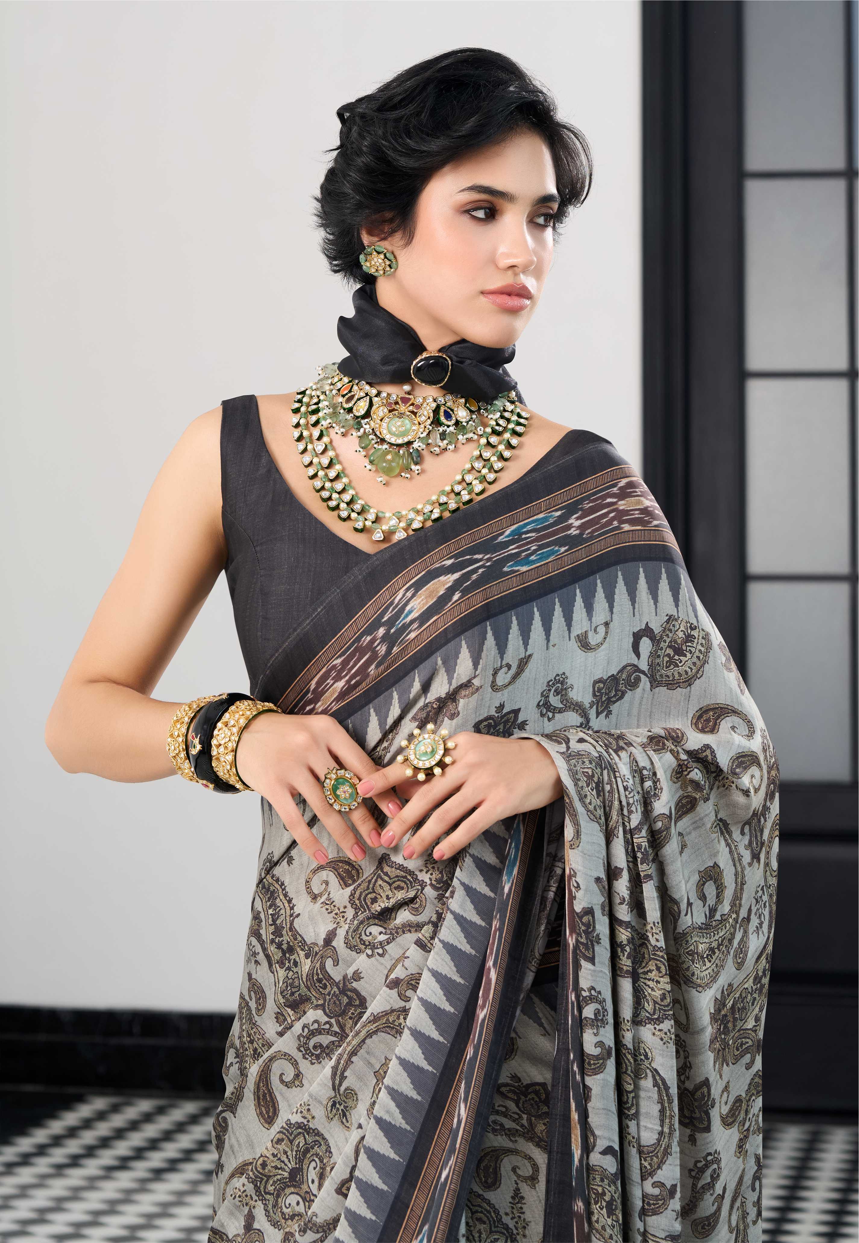 Modal Silk Paisley Charcoal Olive Saree
