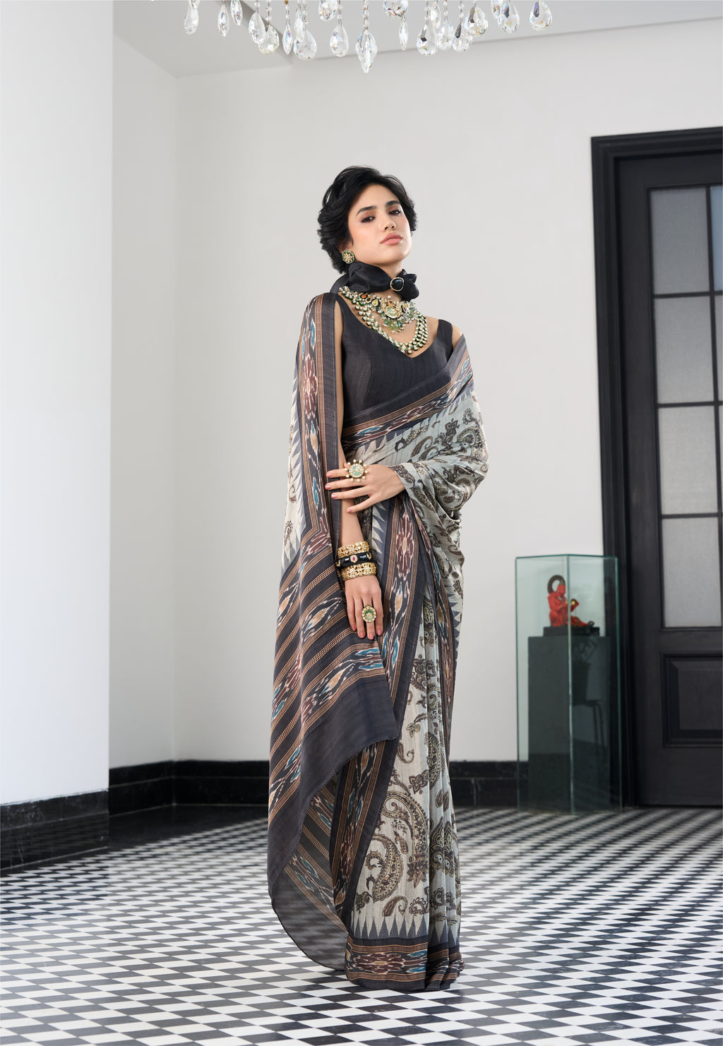 Modal Silk Paisley Charcoal Olive Saree