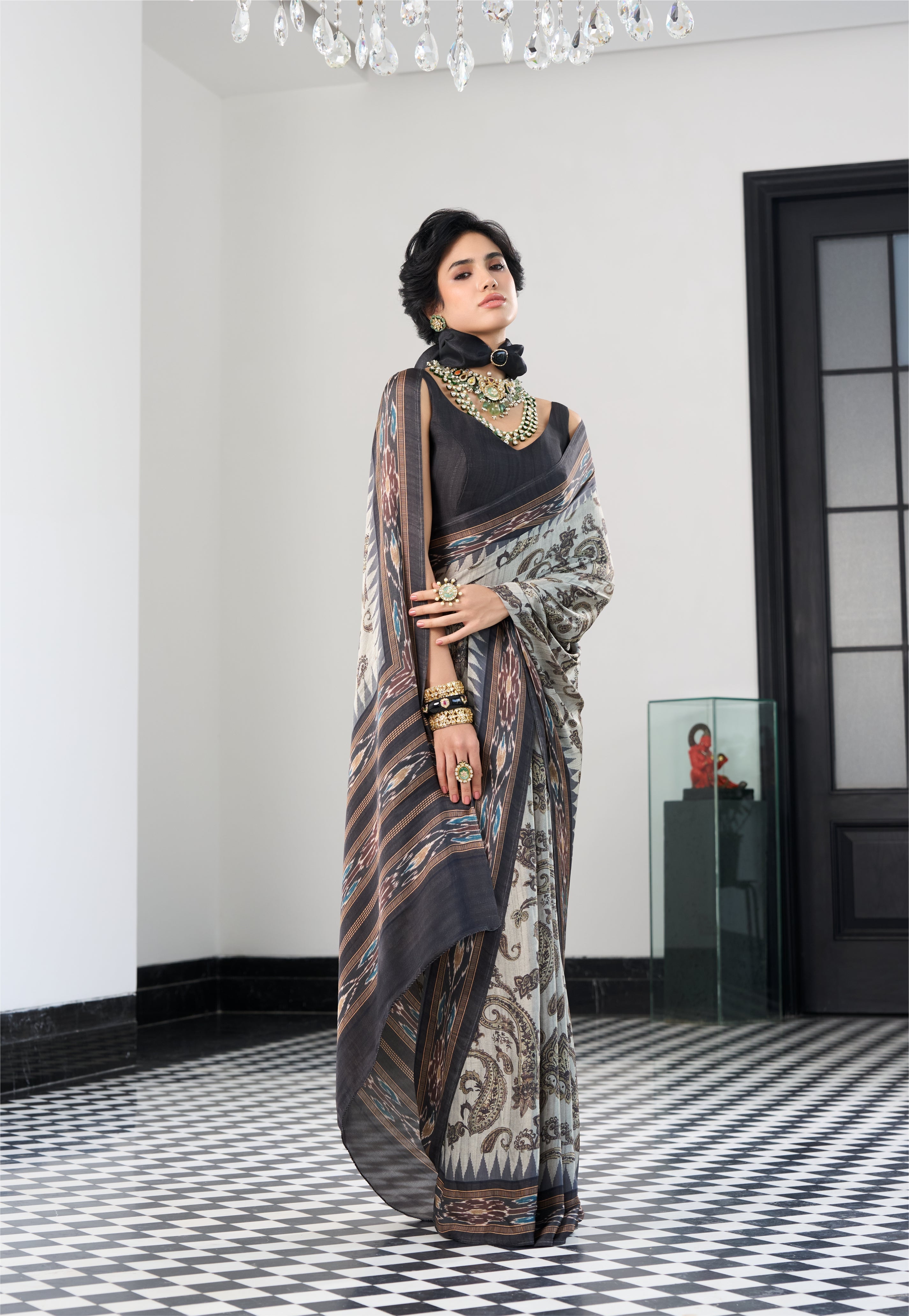 Sheen Paisley Charcoal Olive Saree