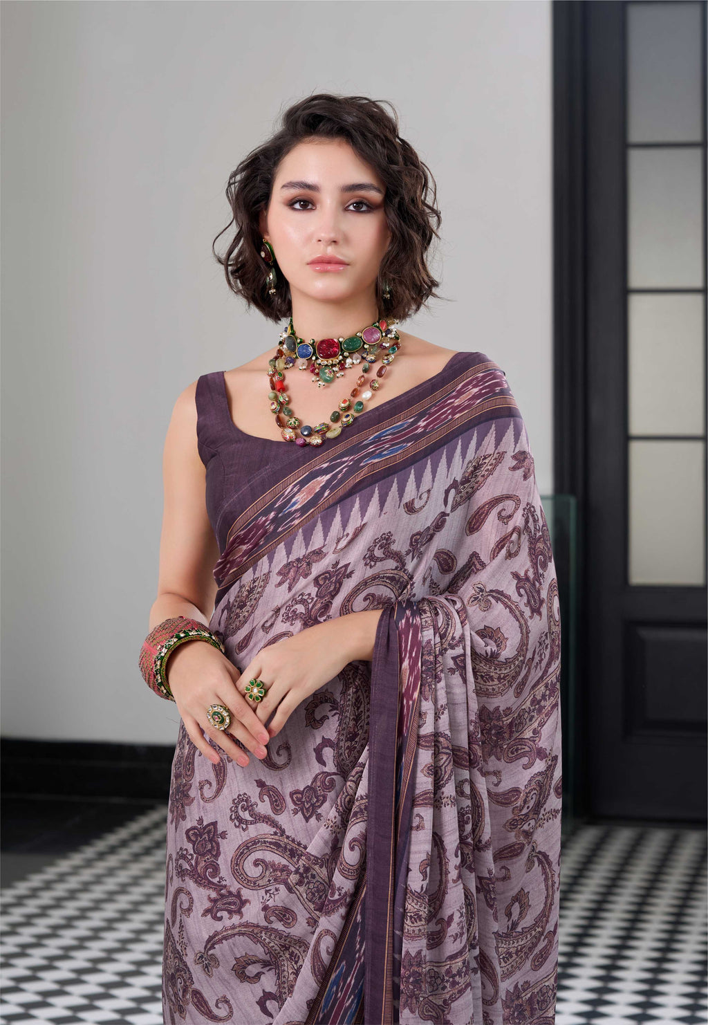 Sheen Paisley Smoky Plum Saree
