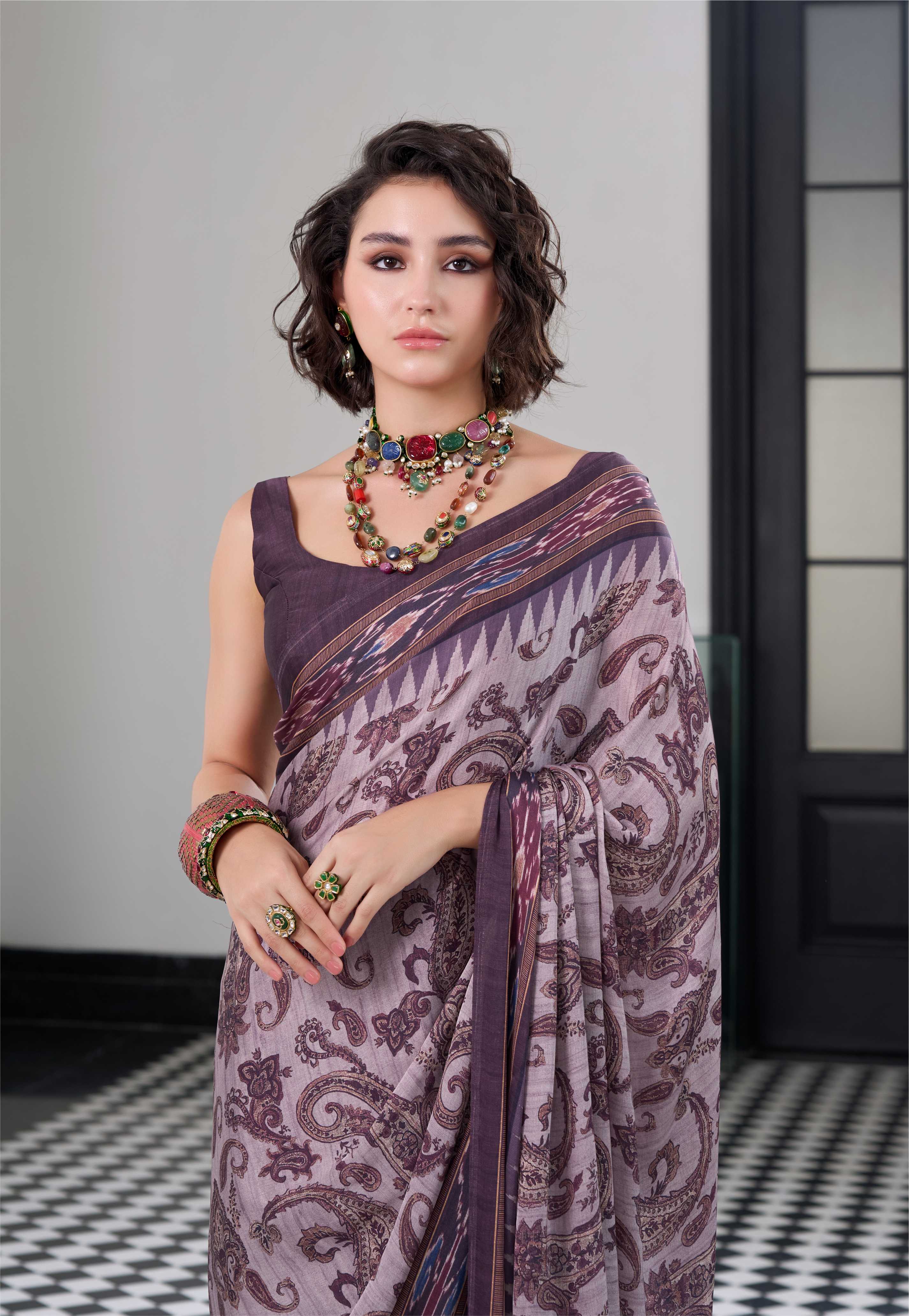 Sheen Paisley Smoky Plum Saree