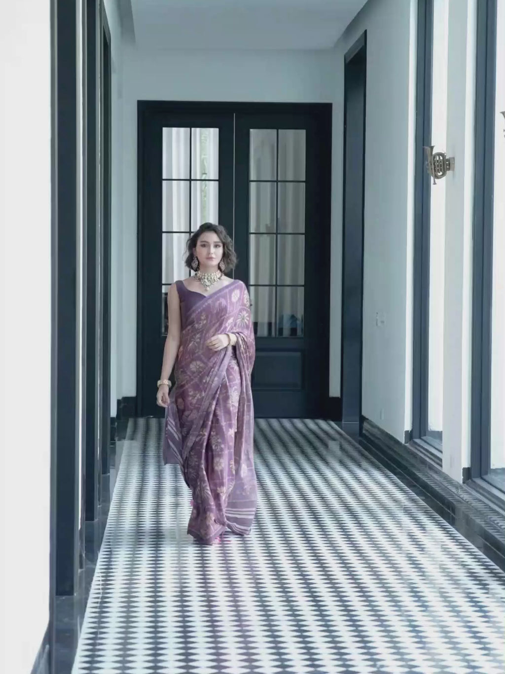 Plum Purple Botanical Print Satin Georgette Saree