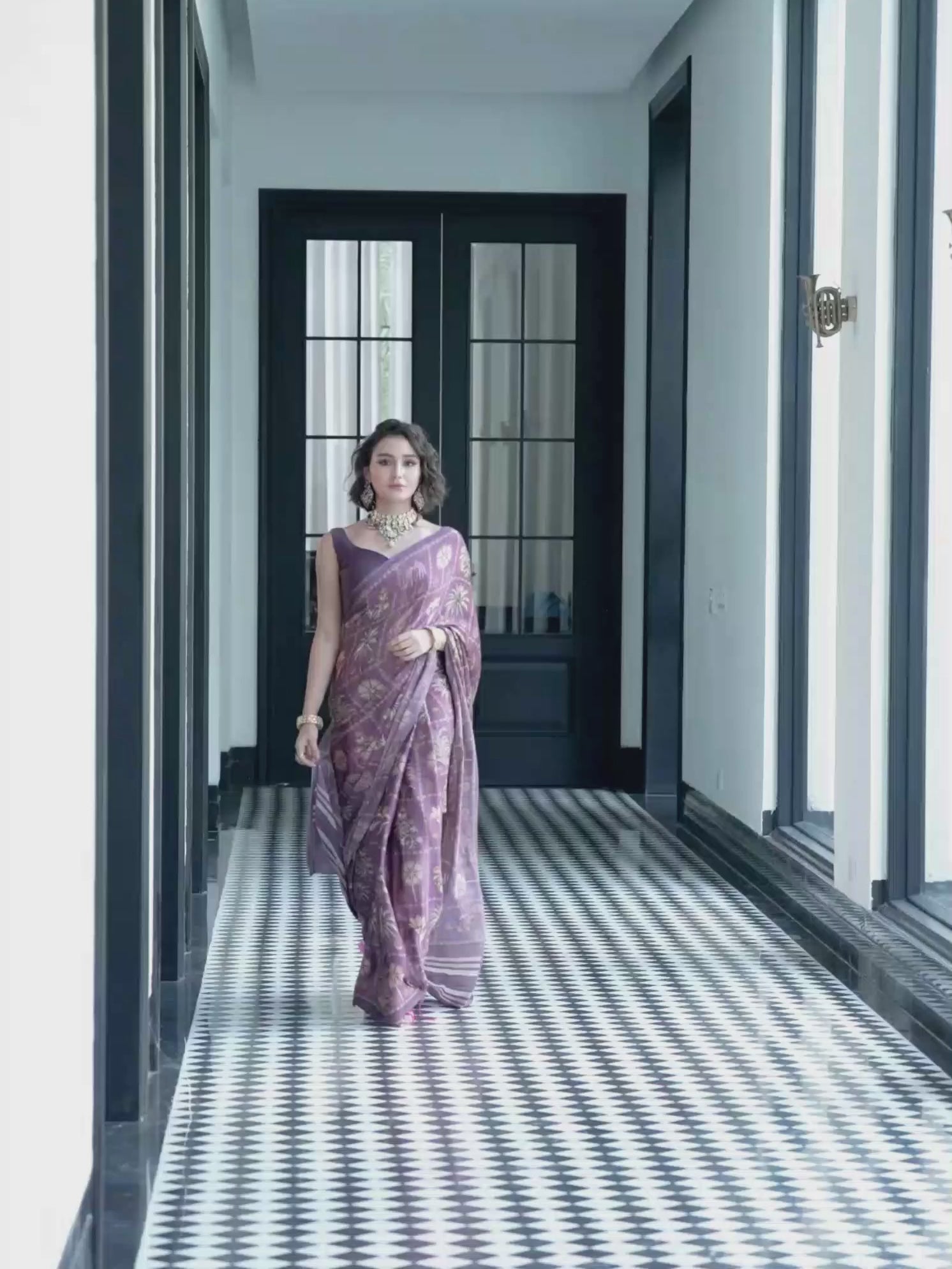 Modal Silk Botanical Plum Purple Saree
