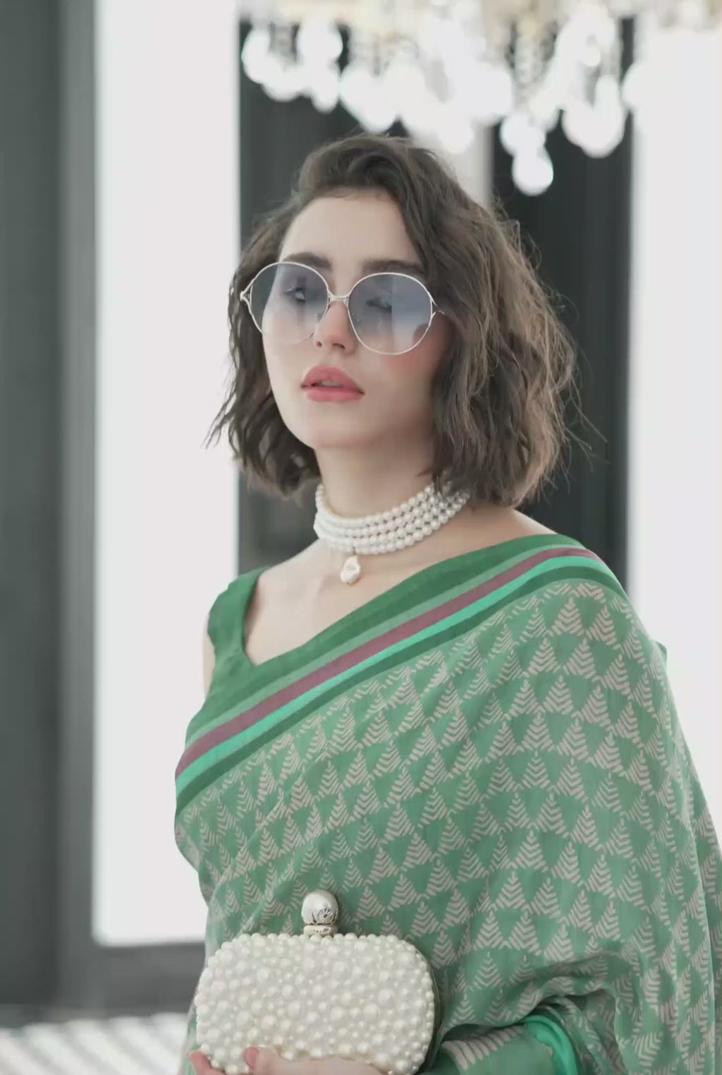 Sheen Geometric Olive Green Saree