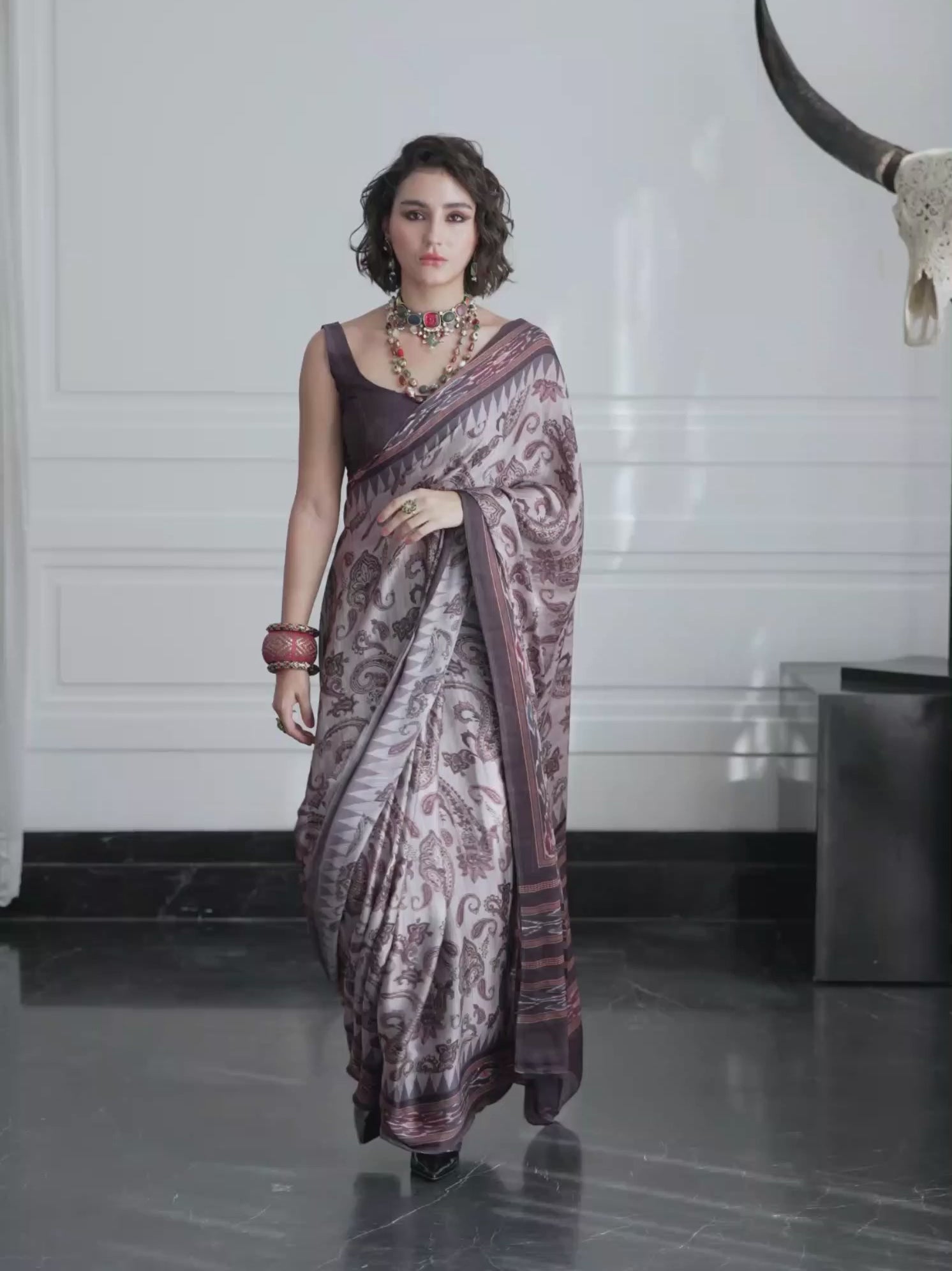 Smoky Plum Paisley Satin Georgette Saree