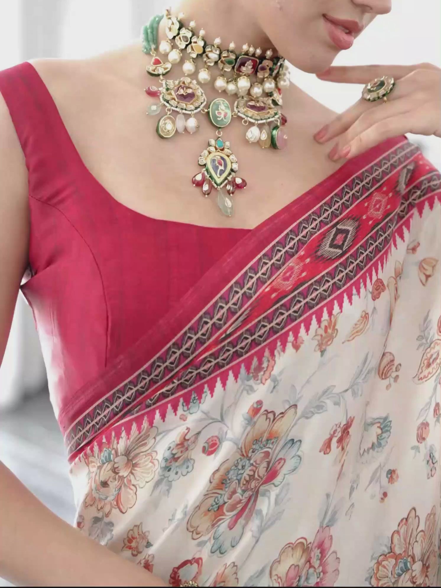 Ivory Red Floral Satin Georgette Saree