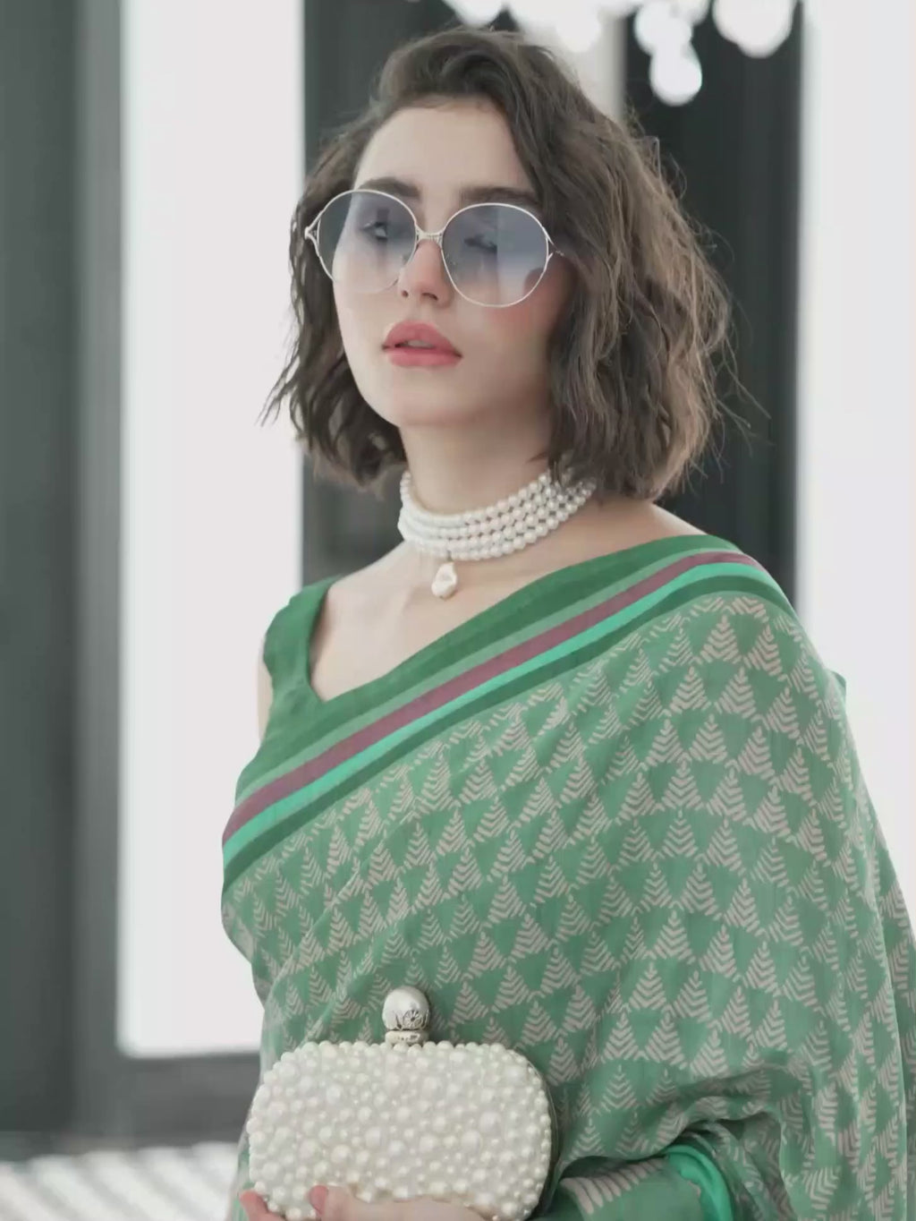 Olive Green Geometric Satin Georgette Saree