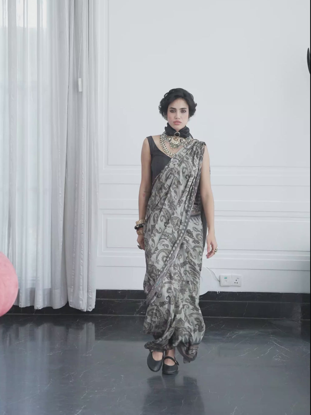 Charcoal Olive Paisley Satin Georgette Saree