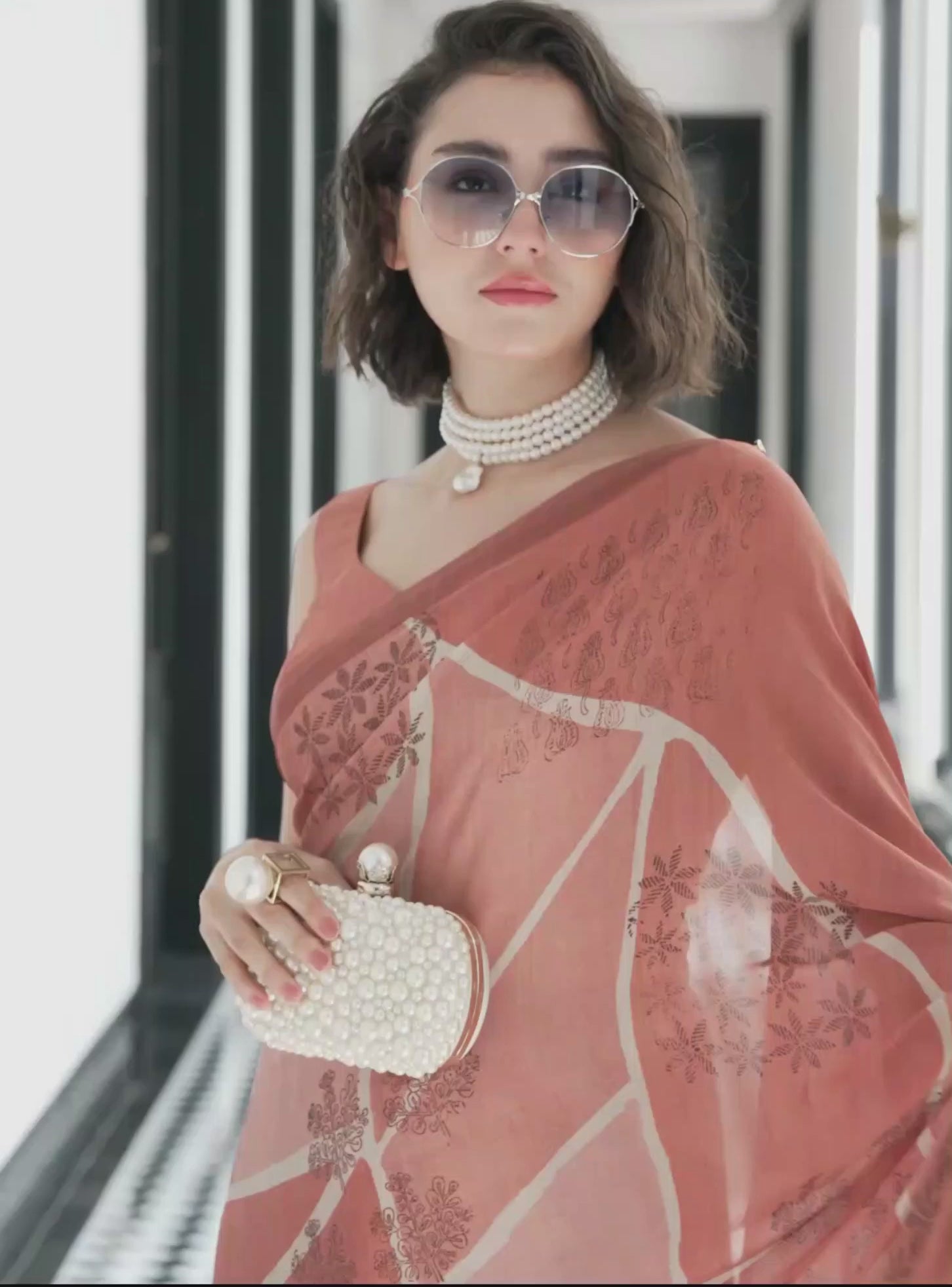 Rust Brown Artistic Motif Satin Georgette Saree