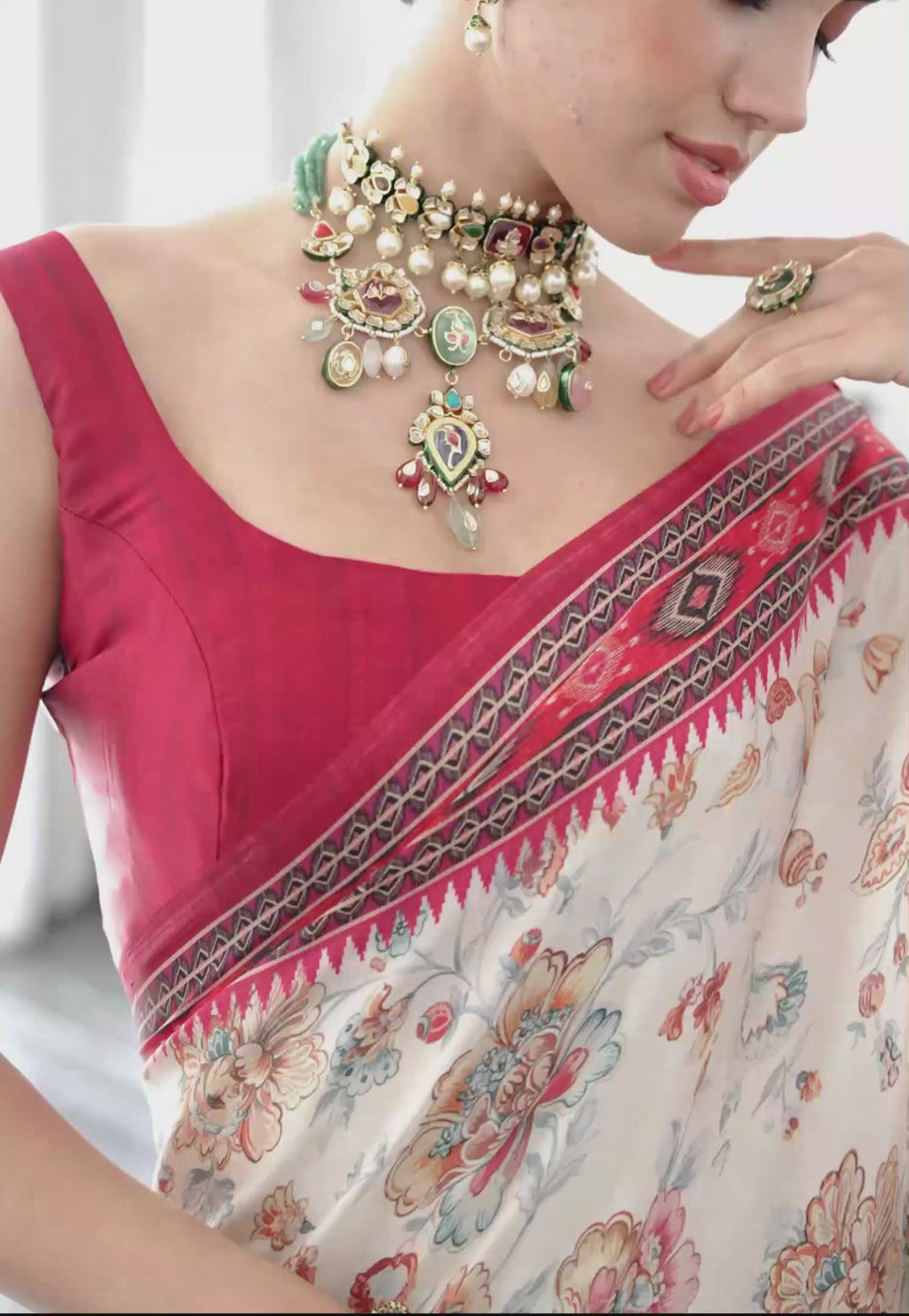 Sheen Floral Ivory Red Saree