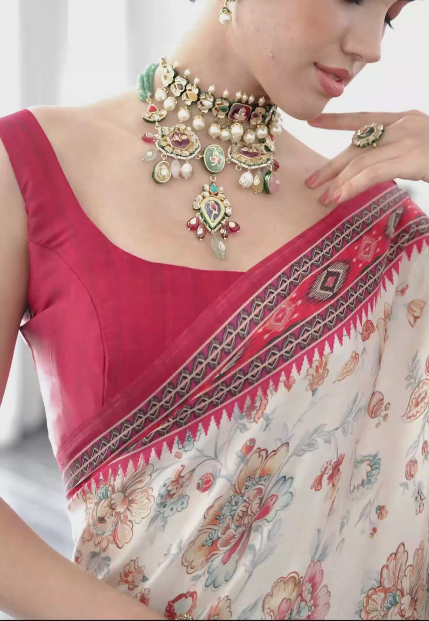 Sheen Floral Ivory Red Saree