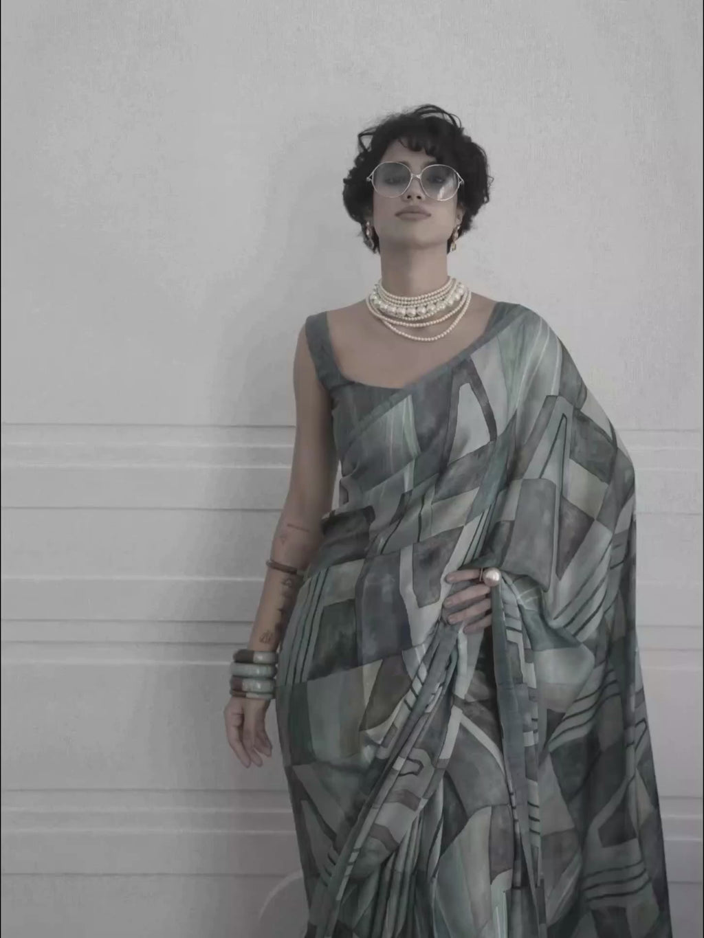 Aqua Blue Abstract Satin Georgette Saree