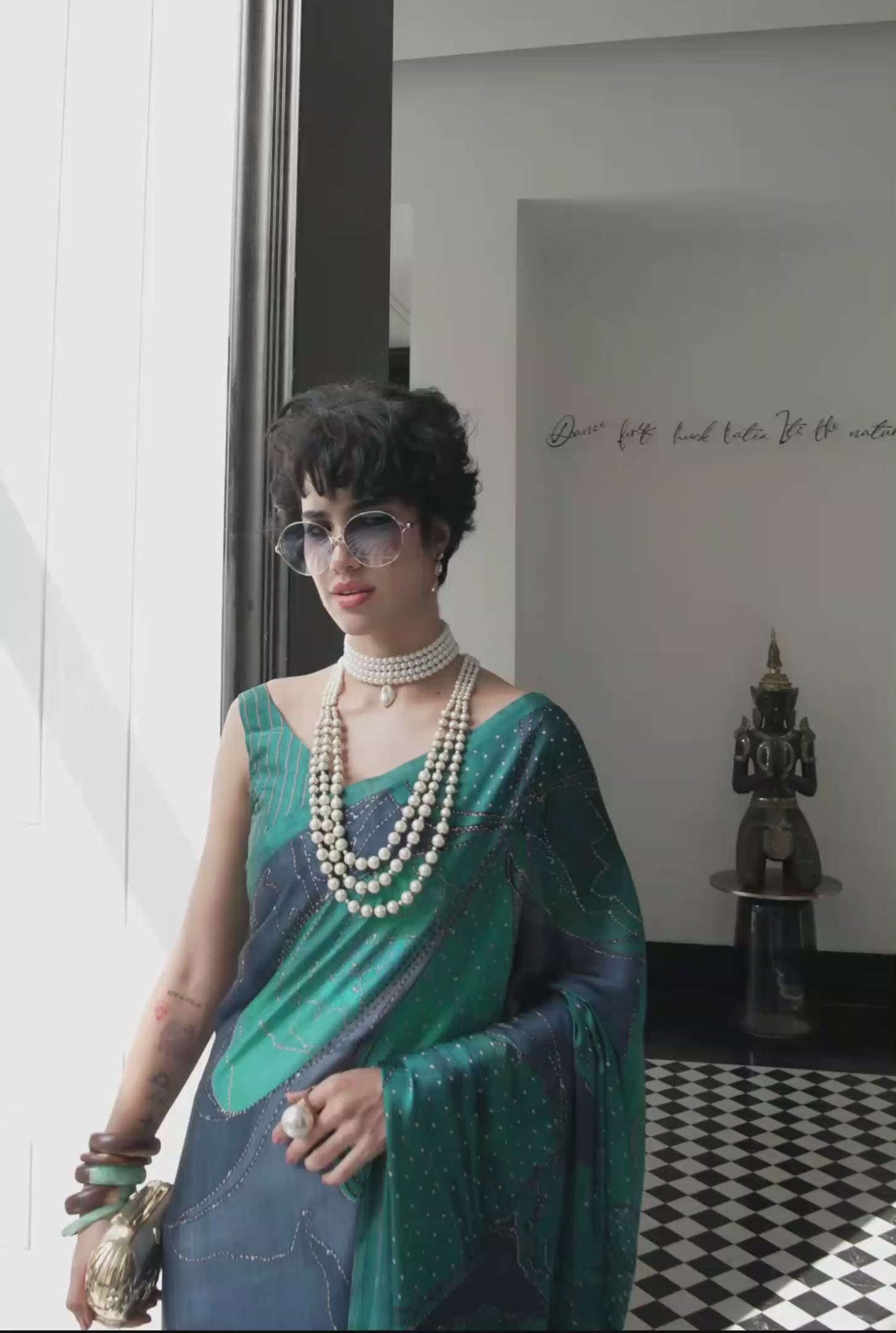 Sheen Abstract Teal Green Saree