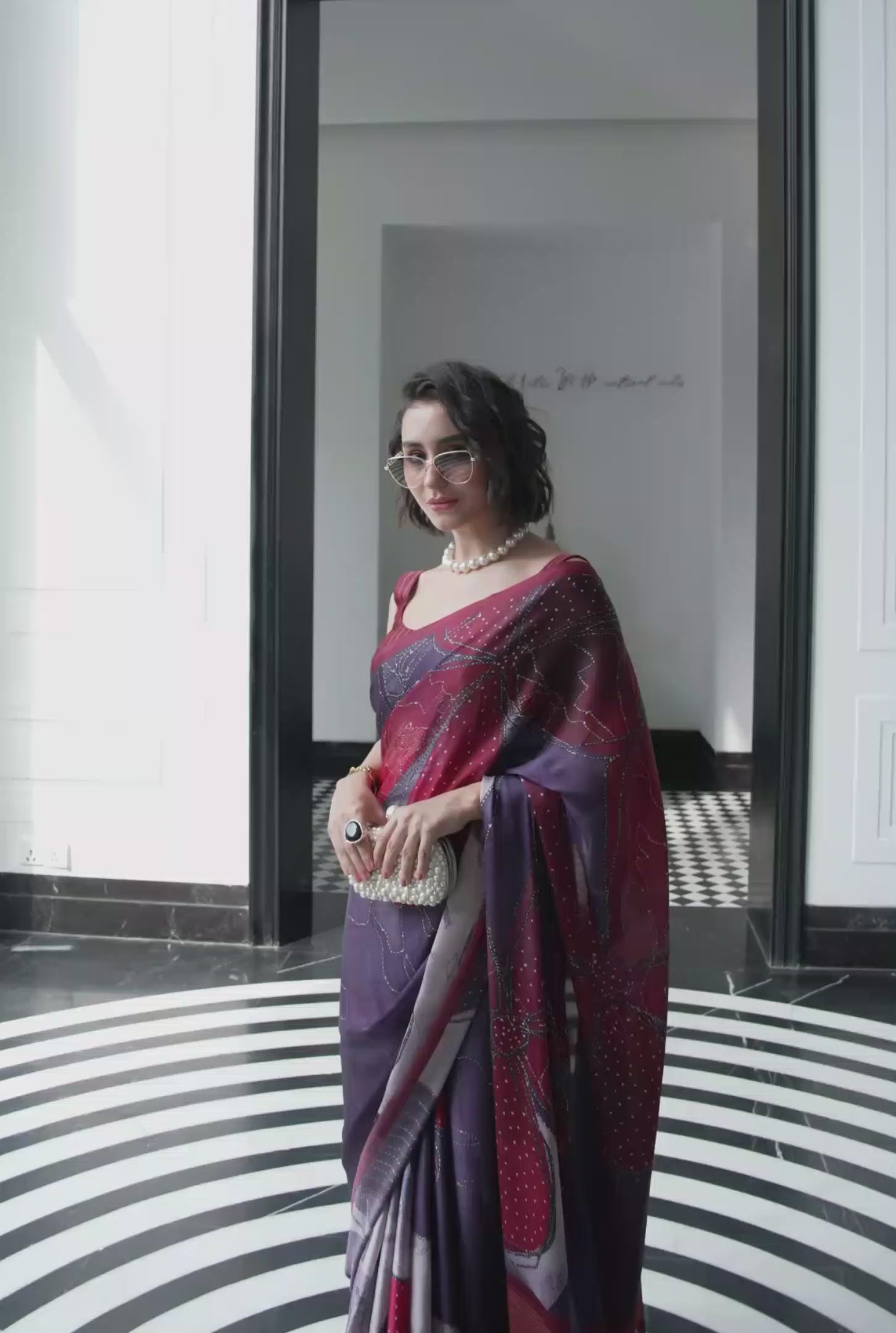 Sheen Abstract Wine Red Saree