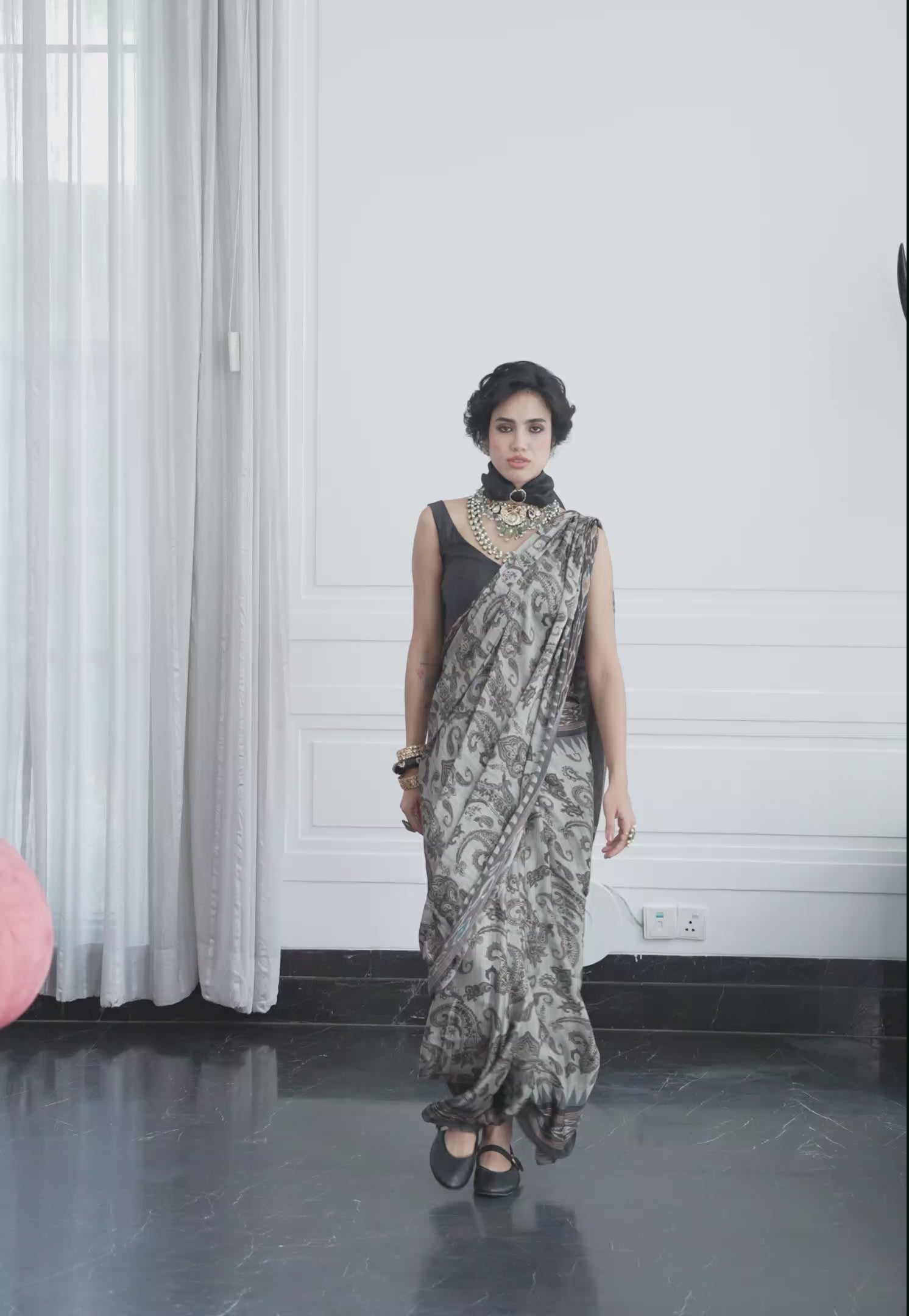 Modal Silk Paisley Charcoal Olive Saree