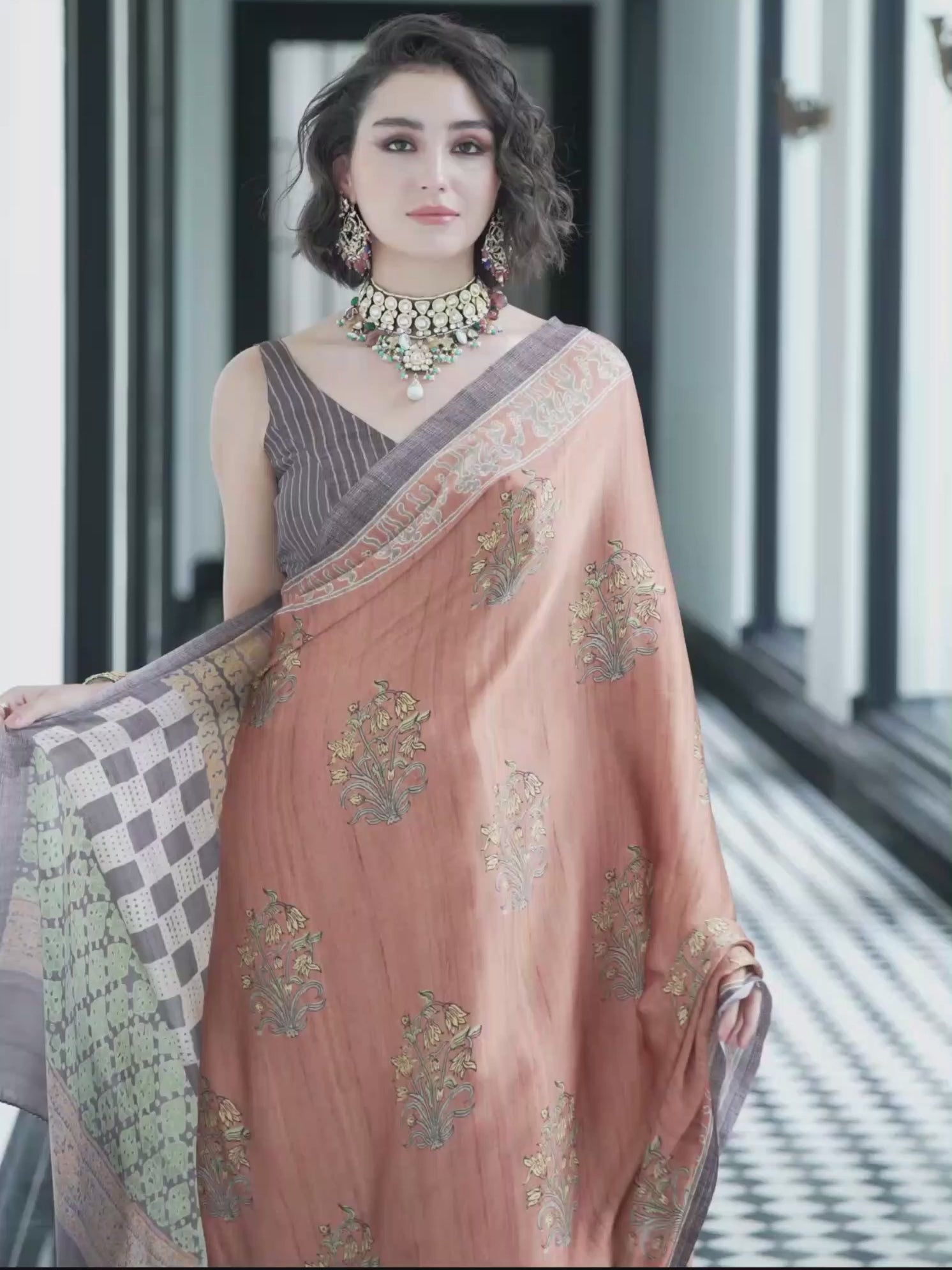 Caramel Brown Mughal Motif Satin Georgette Saree