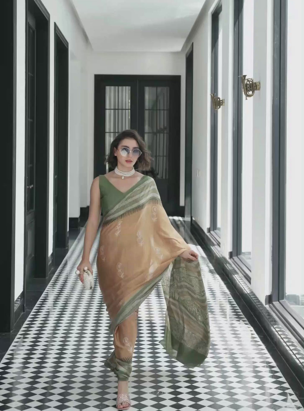 Olive Gold Ethnic Motif Satin Georgette Saree