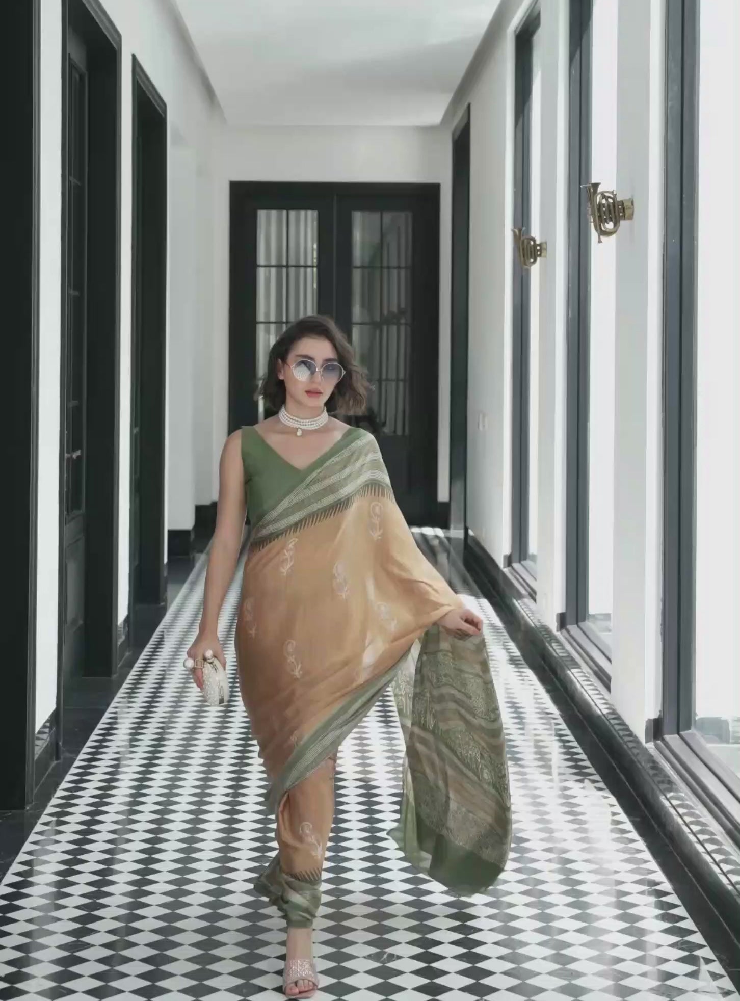 Olive Gold Ethnic Motif Satin Georgette Saree