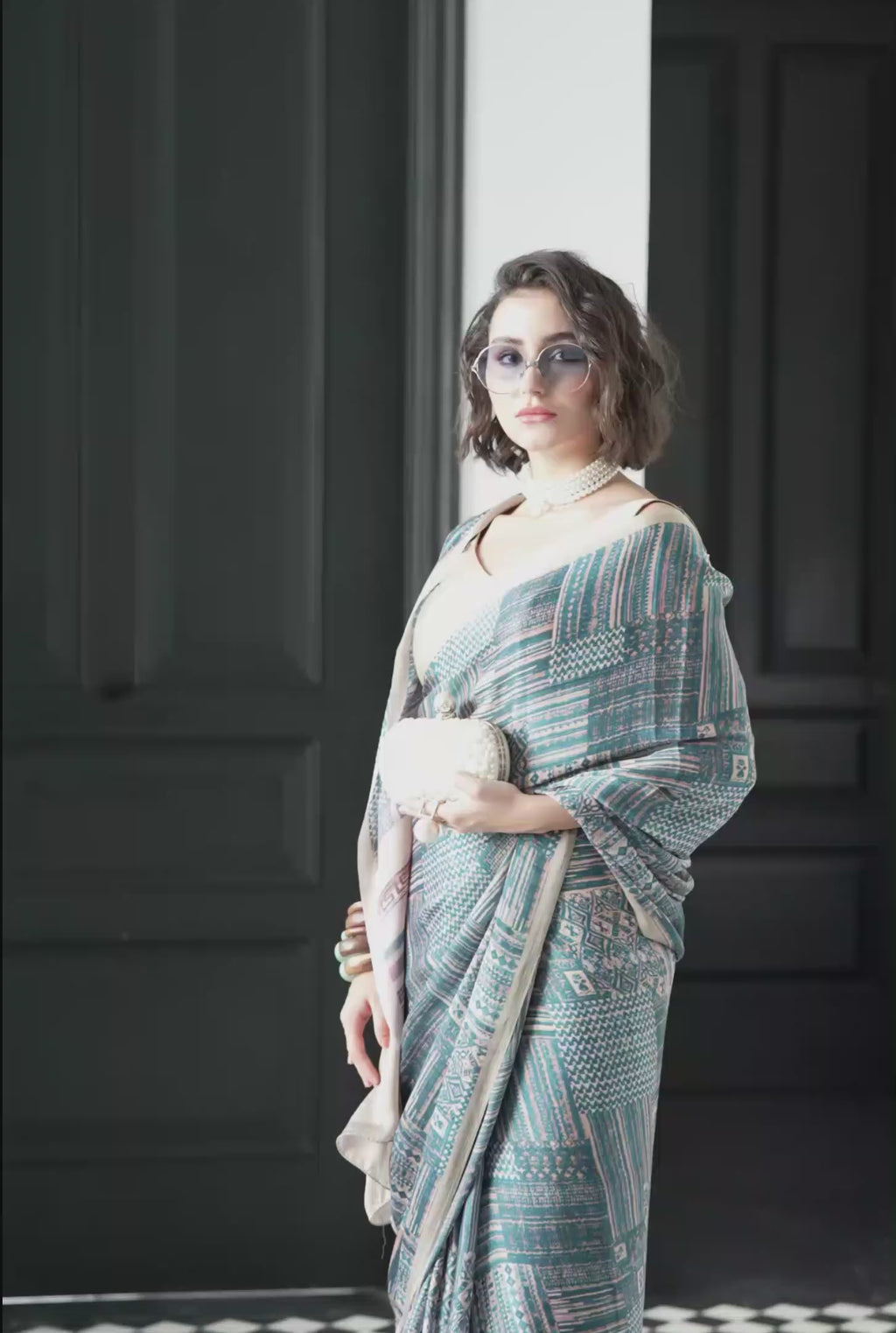 Sheen Abstract Grey Blue Saree
