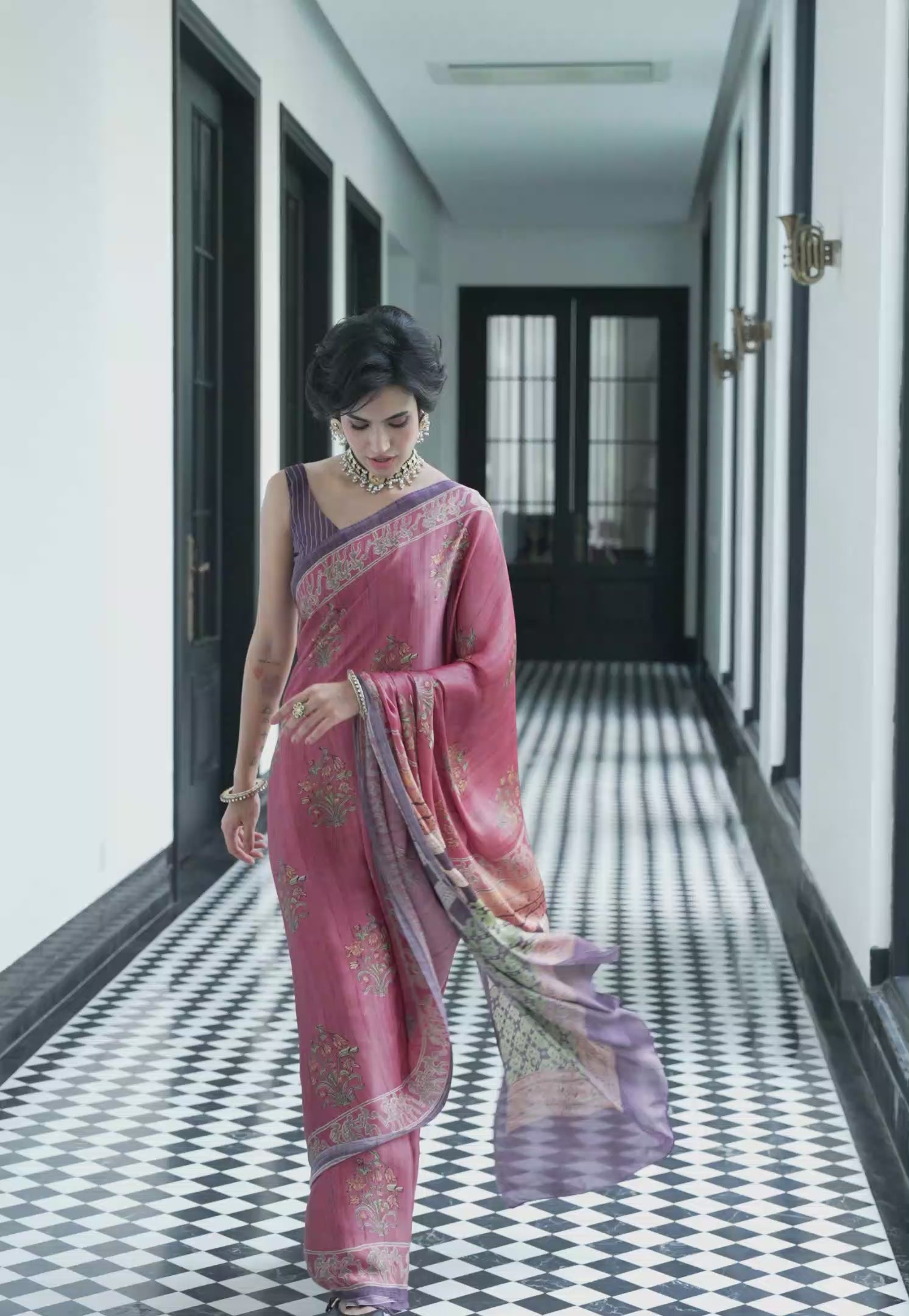 Modal Silk Mughal Motif Dusty Rose Saree