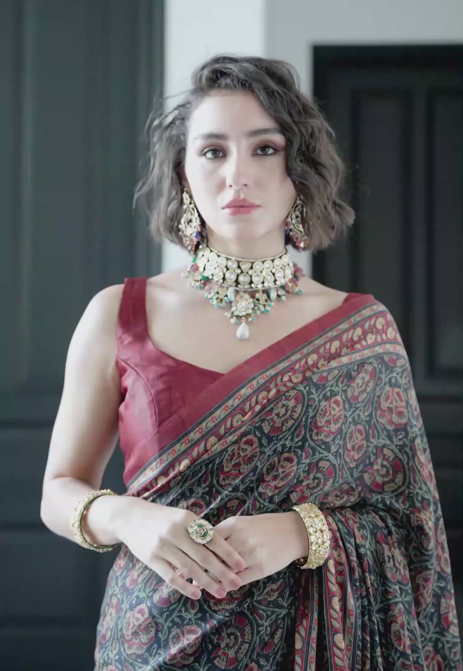 Sheen Botanical Rust Maroon Saree