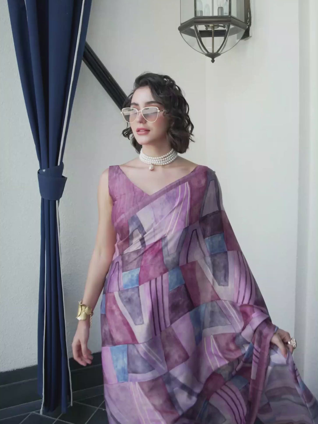 Rose Pink Abstract Satin Georgette Saree