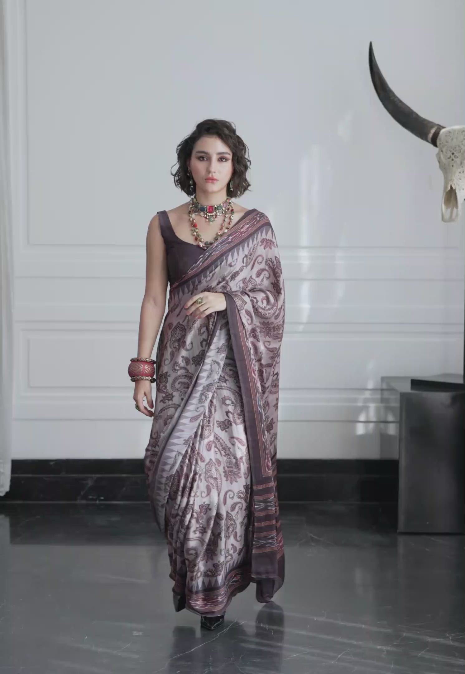 Sheen Paisley Smoky Plum Saree