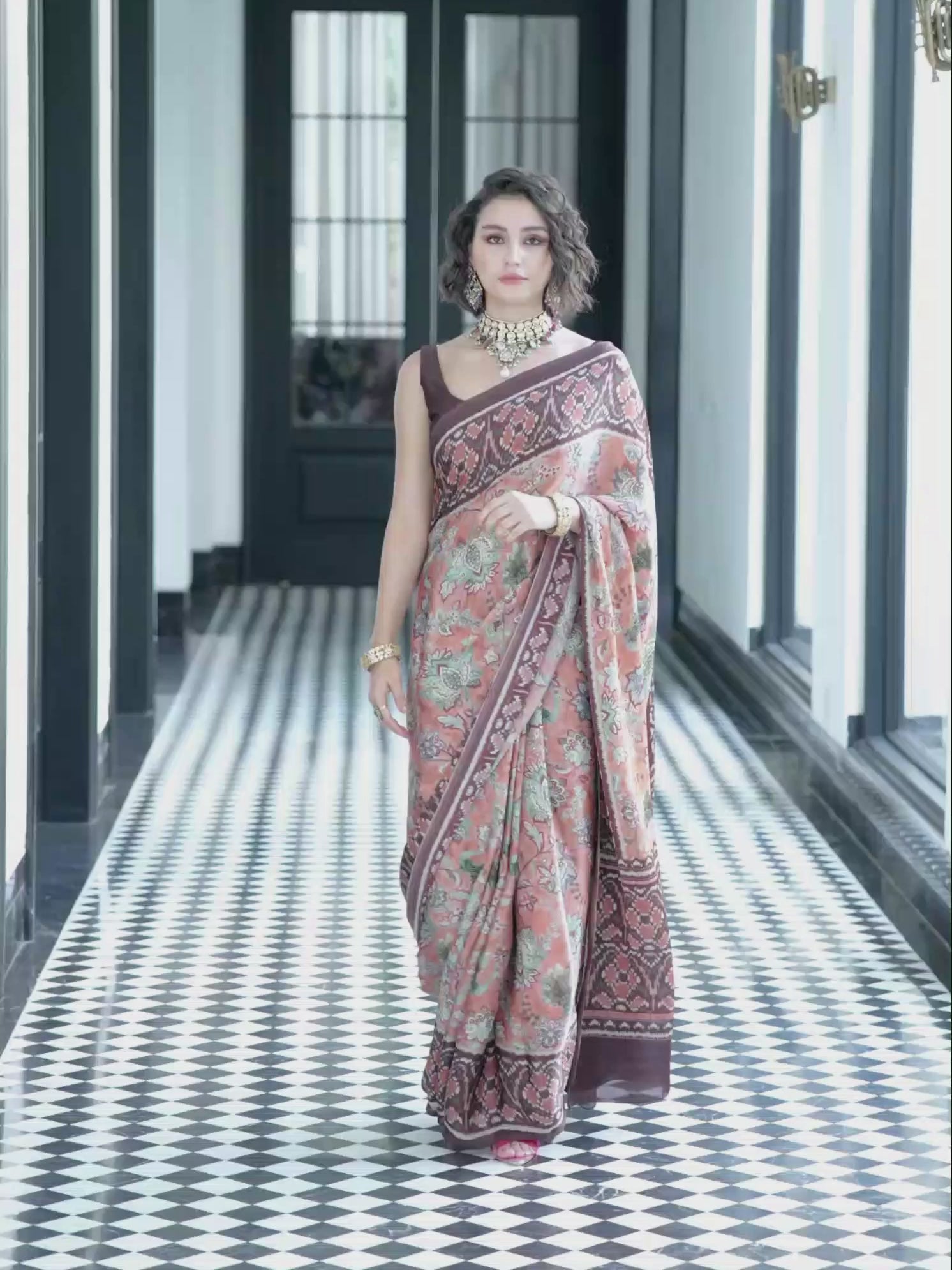 Modal Silk Fusion Floral Sand Brown Saree