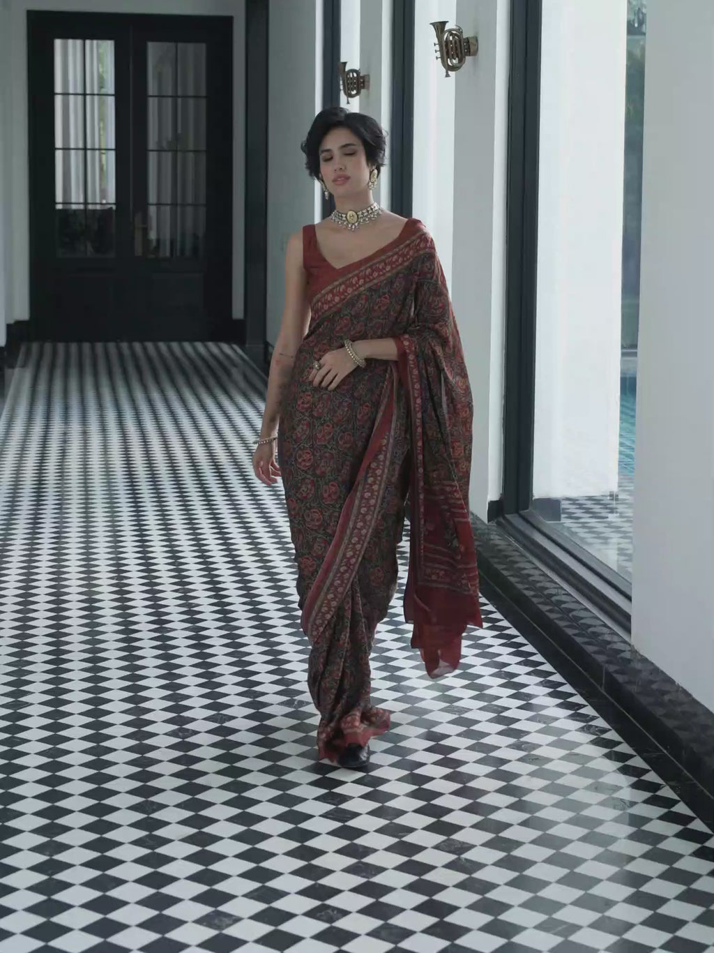Coffee Brown Botanical Print Satin Georgette Saree