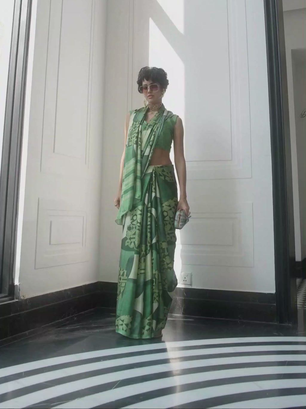 Fresh Green Abstract Satin Georgette Saree