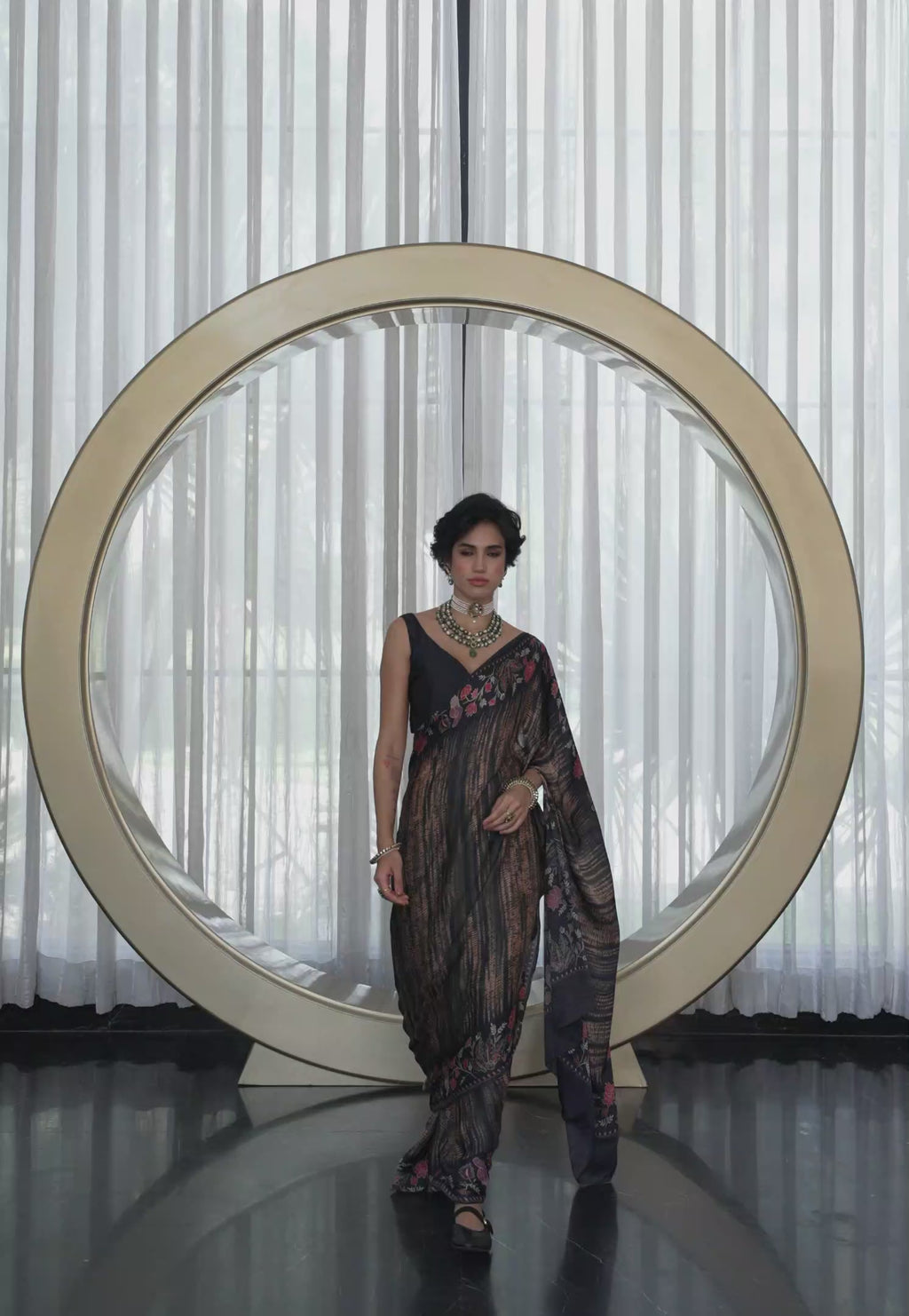 Modal Silk Fusion Floral Olive Brown Saree
