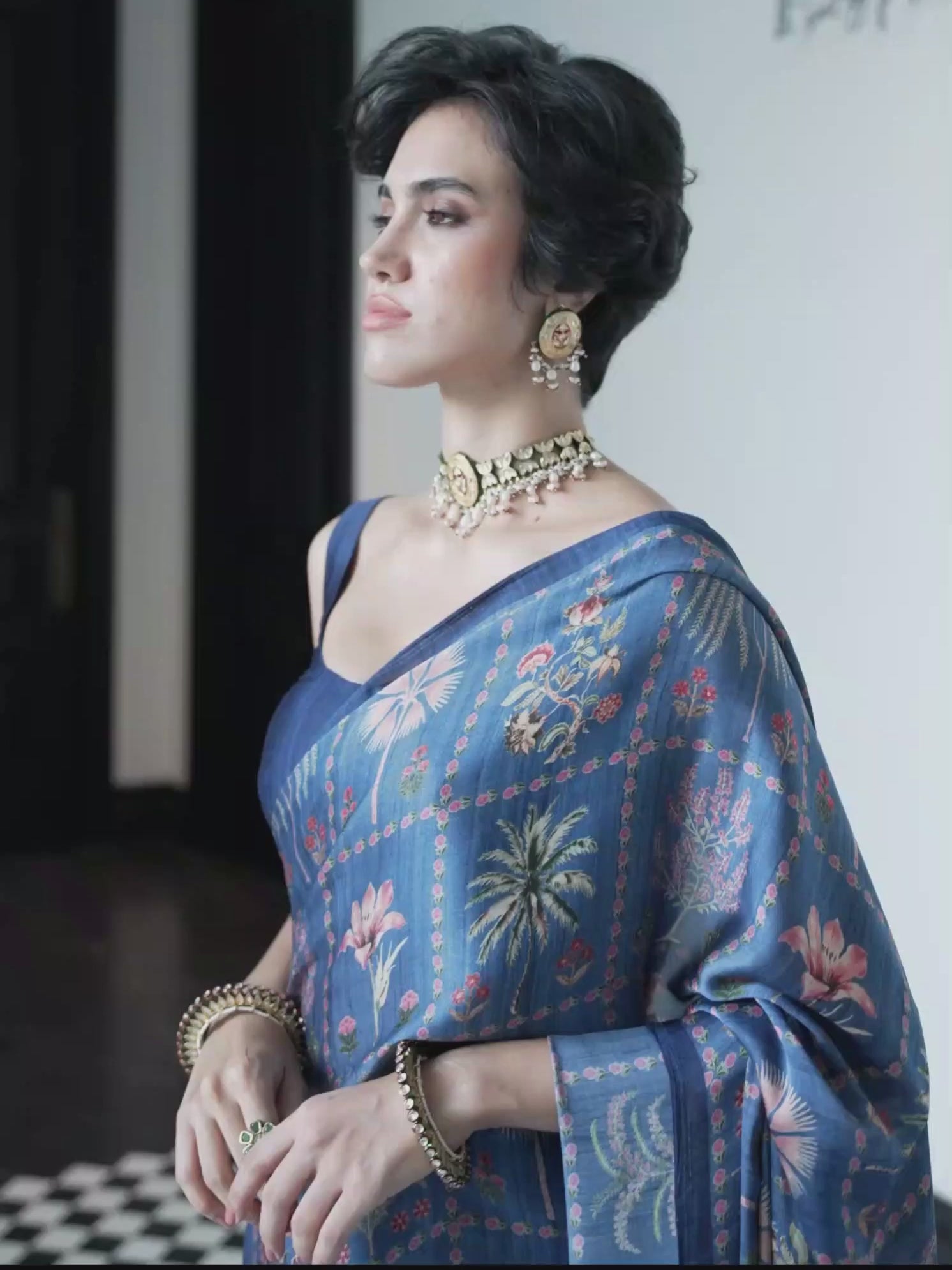 Modal Silk Botanical Slate Blue Saree