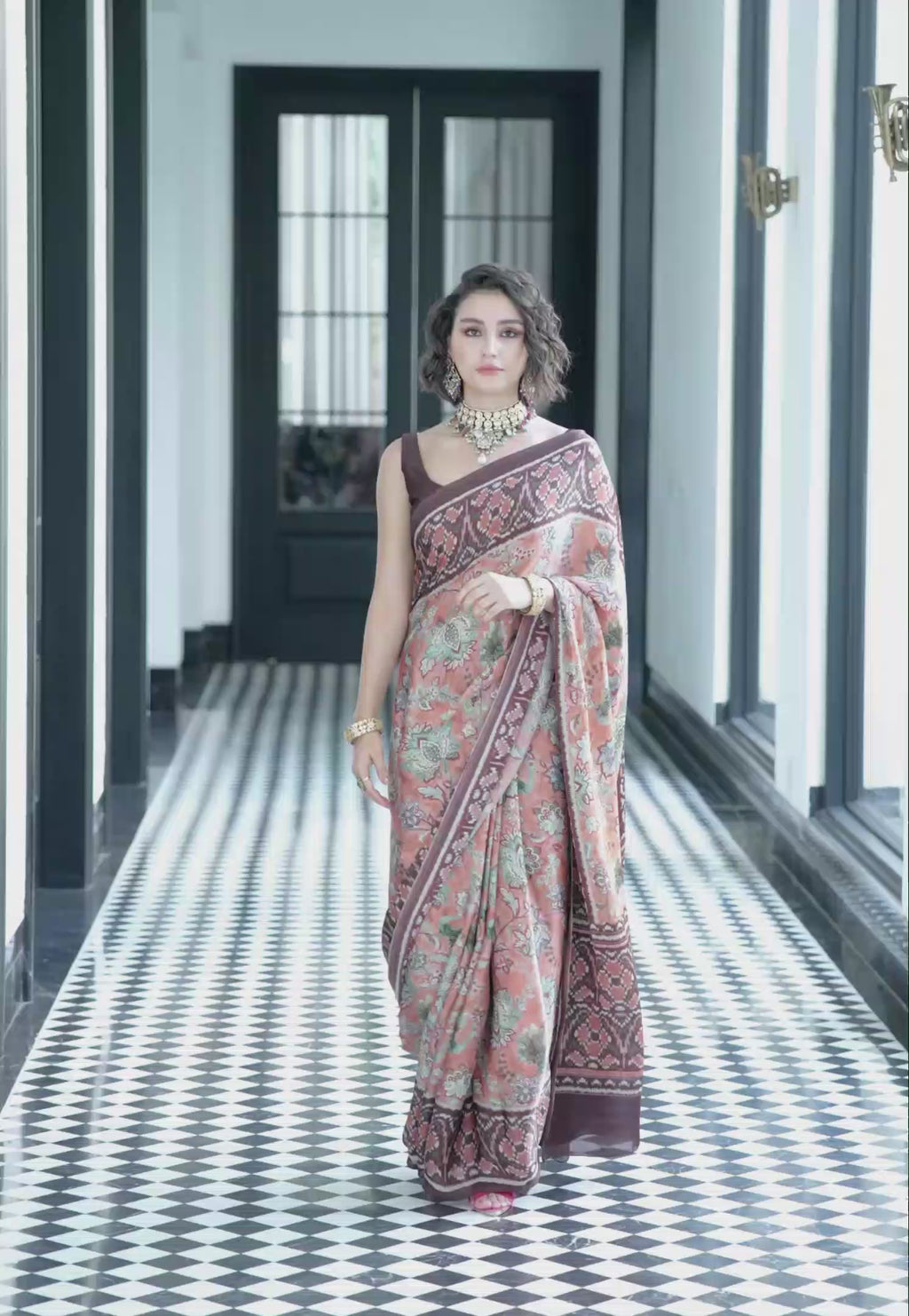 Modal Silk Fusion Floral Sand Brown Saree