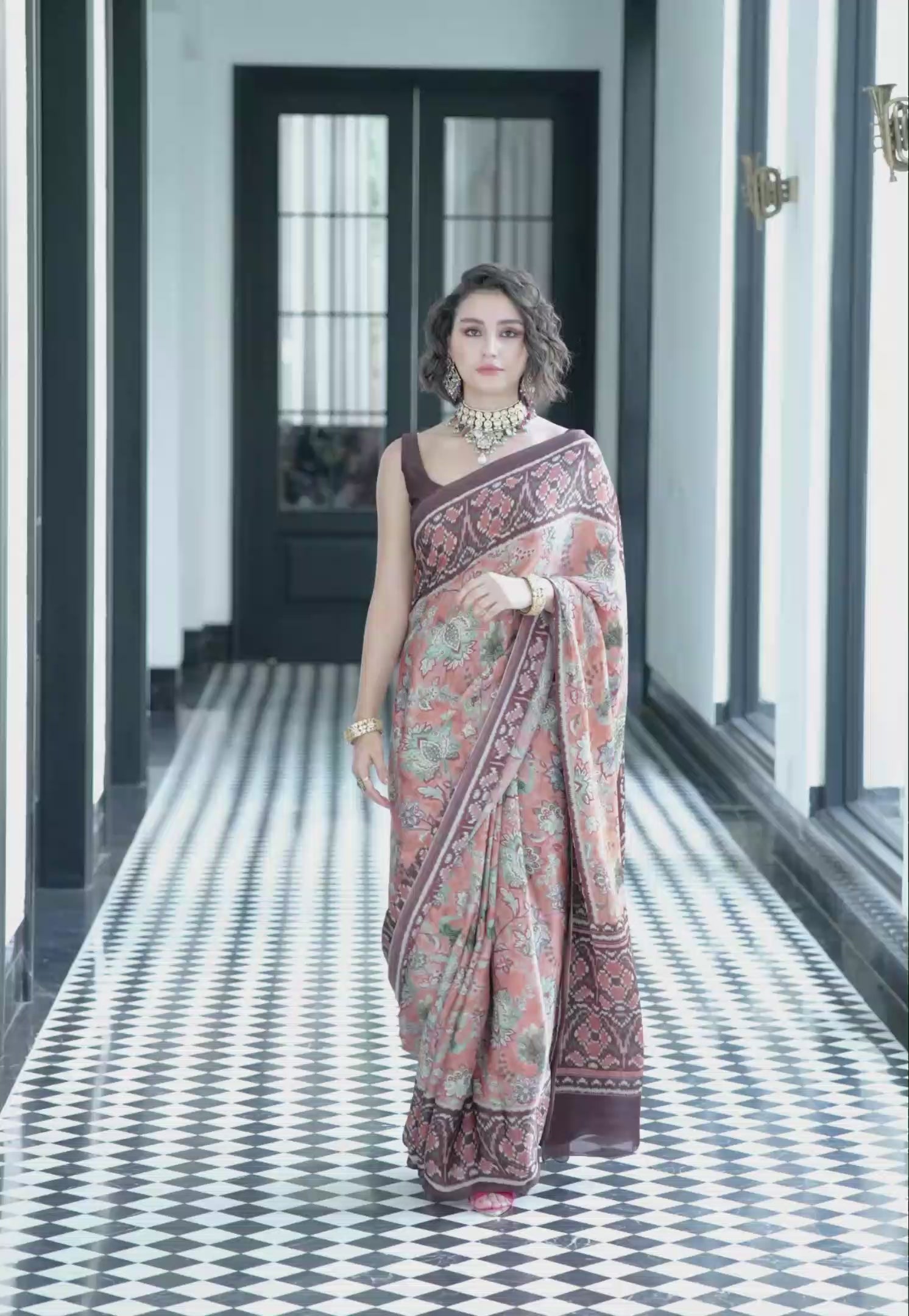Modal Silk Fusion Floral Sand Brown Saree