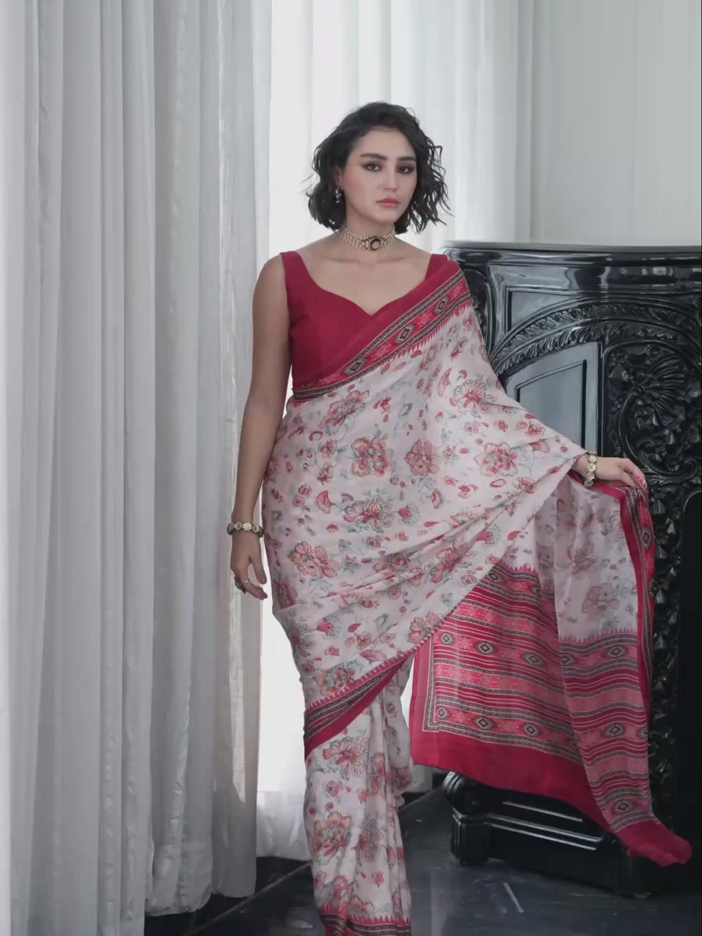 Wine Red Floral Satin Georgette Saree